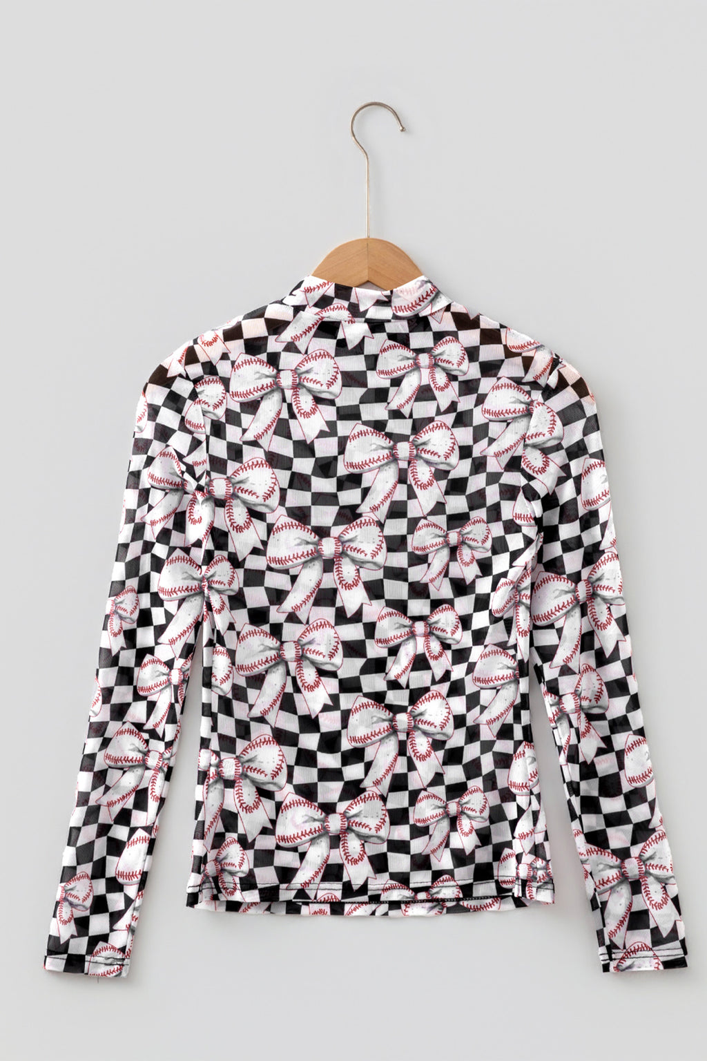 Black Checkered Baseball Bow Print High Neck Long Sleeve Mesh Top