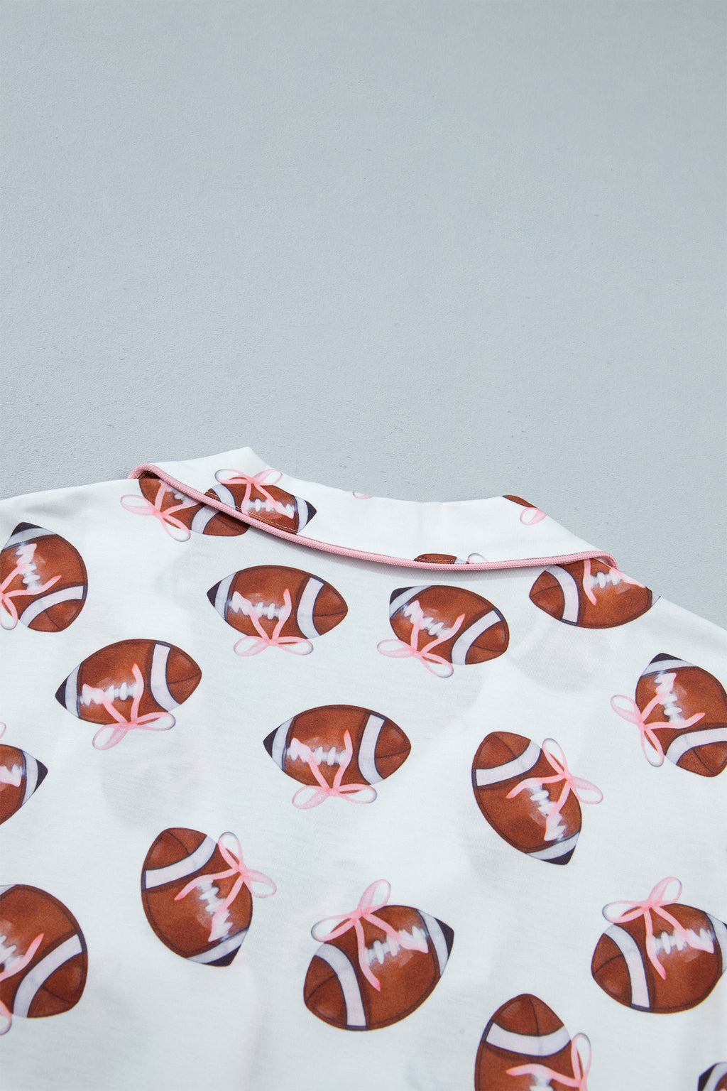 White Rugby Print Short Sleeve Button Down Top Loose Pants Game Day Pajama Set