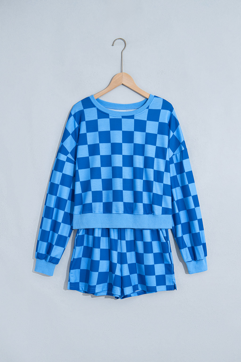 Dark Blue Plaid Checkered Long Sleeve Crop Top Elastic Waist Shorts Two Piece Set