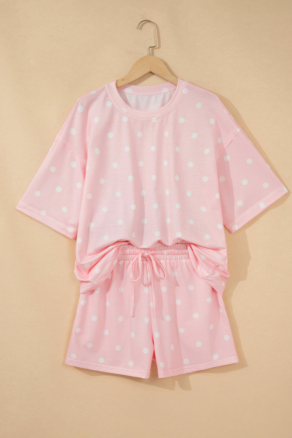 Sky Blue Polka Dot Short Sleeve Loose Top Drawstring Shorts Set