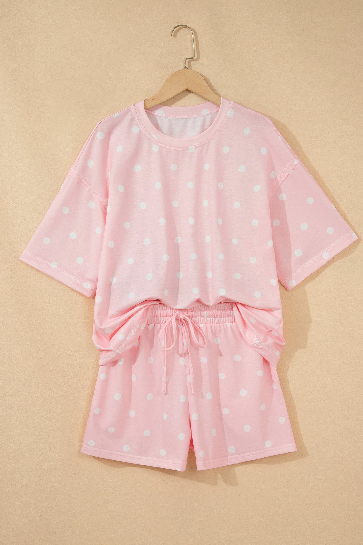 Sky Blue Polka Dot Short Sleeve Loose Top Drawstring Shorts Set