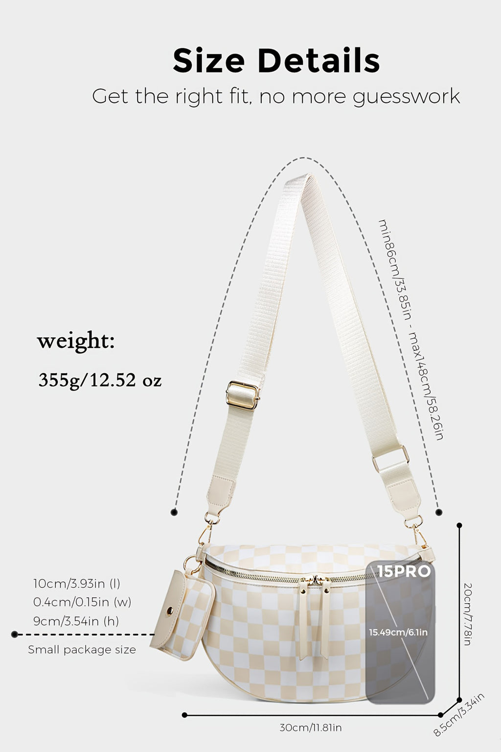 White Checkered Crescent Shoulder Bag with Detachable Pouch