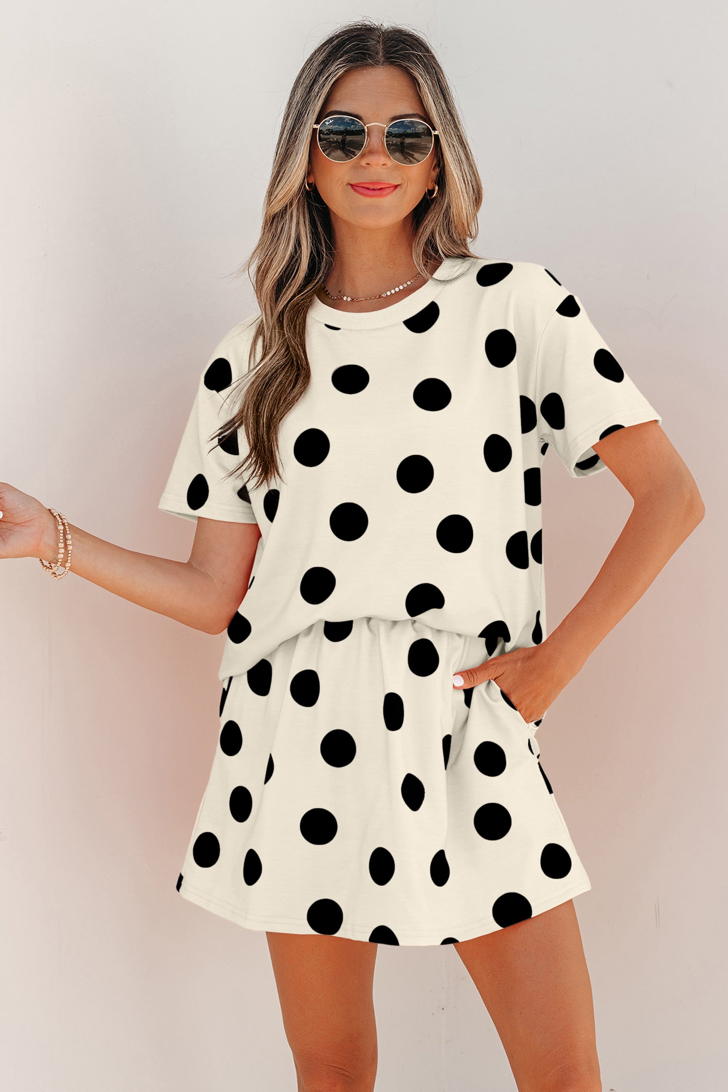 Pink Polka Dot Short Sleeve Top Casual Skort 2pcs Outfit