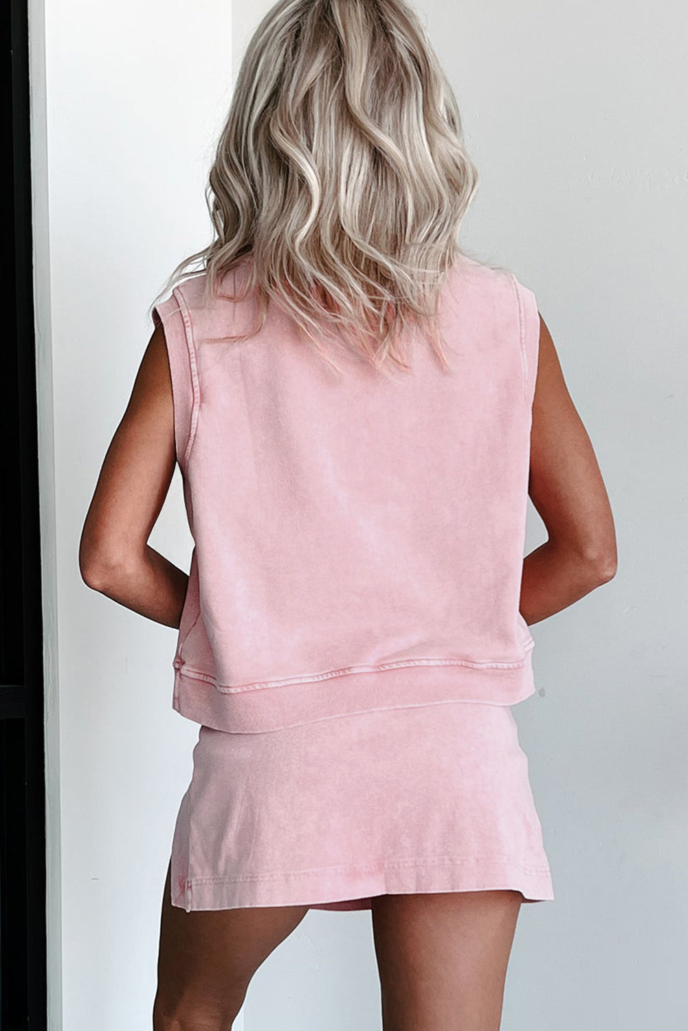 Smoke Gray Solid Color Washed Sleeveless Top Split Skort Cotton 2pcs Outfit