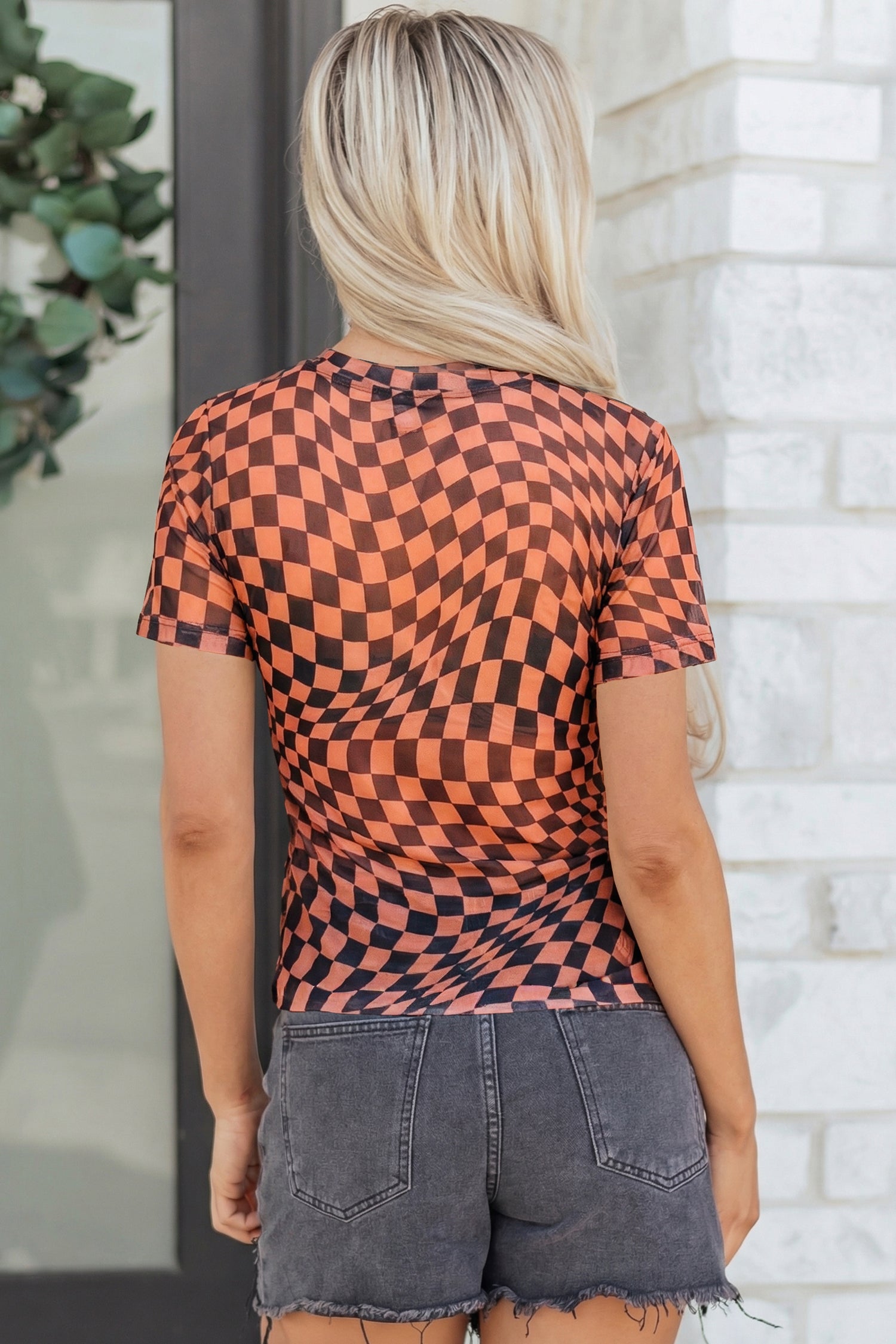 Khaki Checkered Print Crew Neck Mesh T Shirt