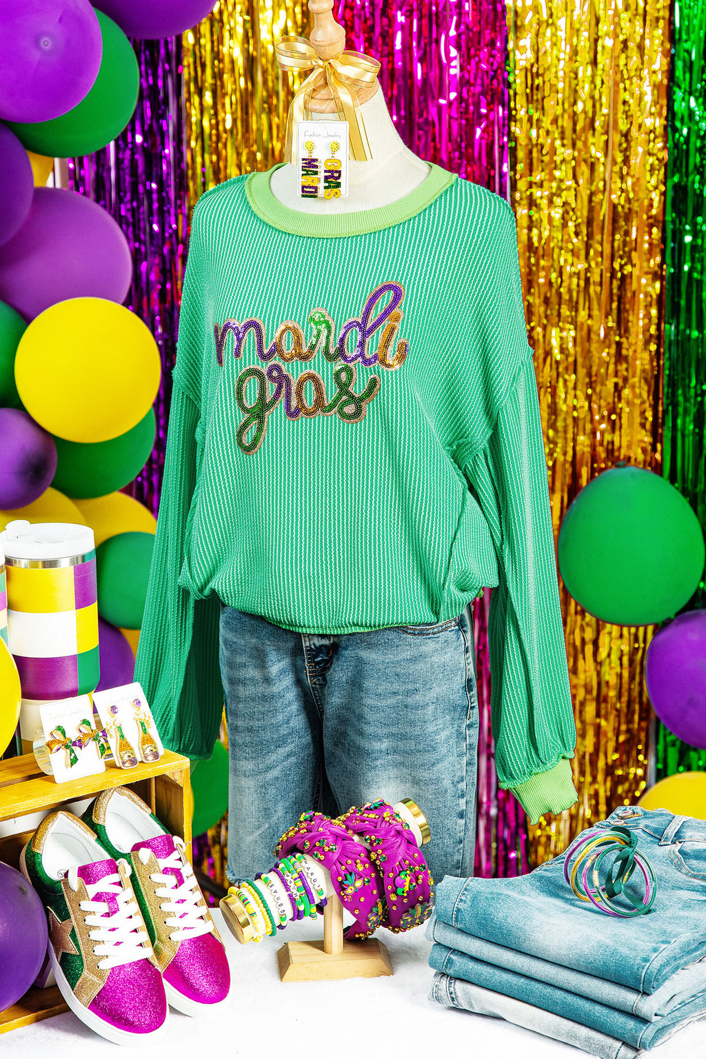 Bright Green Twisted Ribbed mardi gras Sequin Graphic Exposed Seam Patchwork Pullover Top