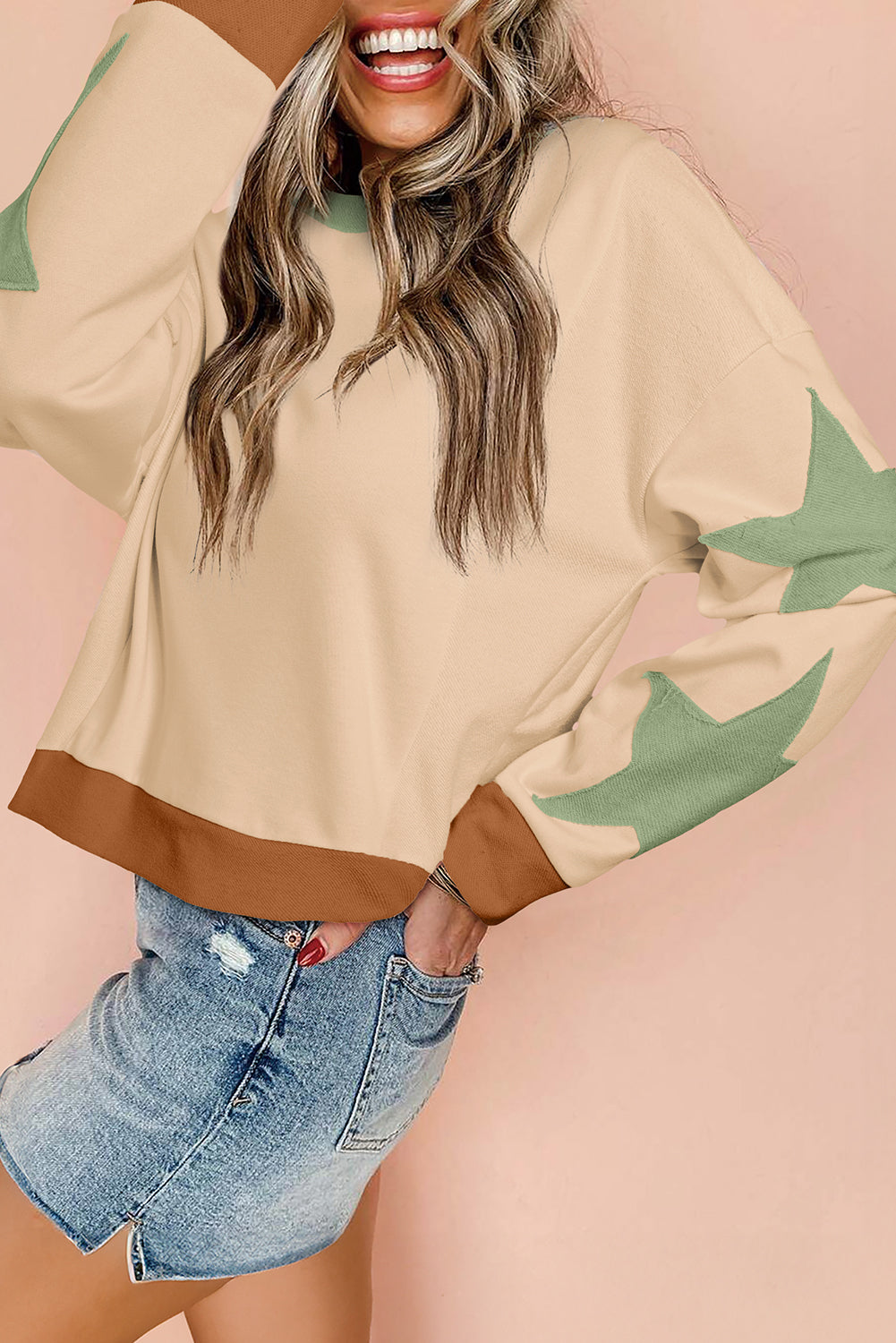 Beige Star Patchwork Exposed Seam Oversized Sweatshirt