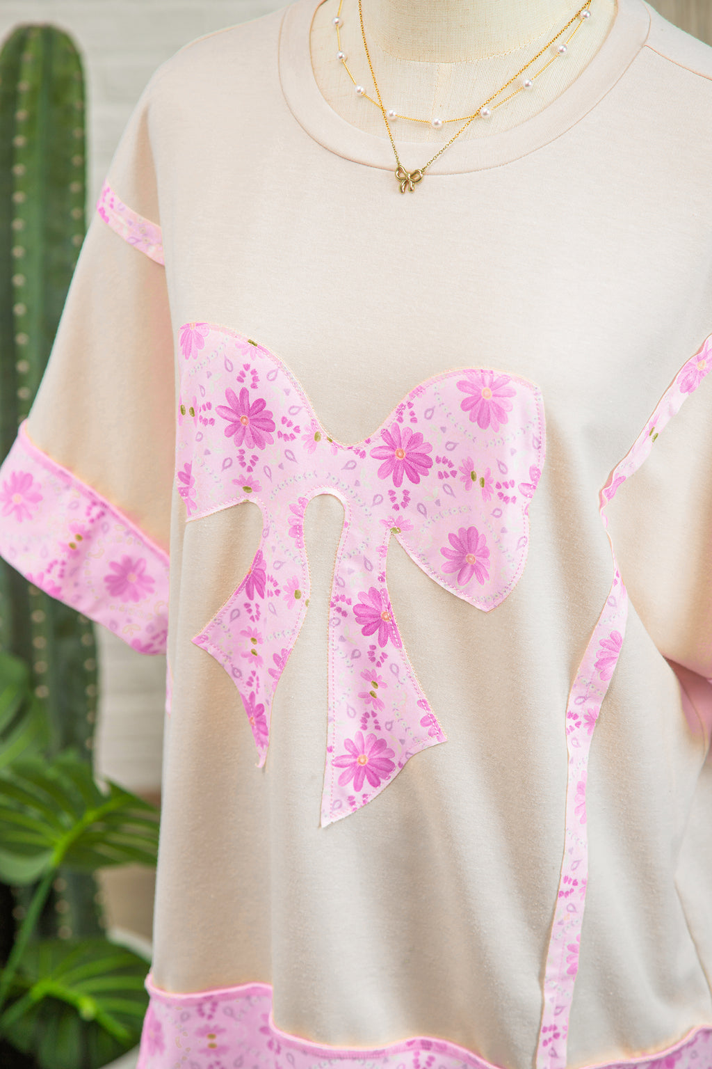 Apricot Daisy Floral Bow Contrast Patchwork Loose T Shirt