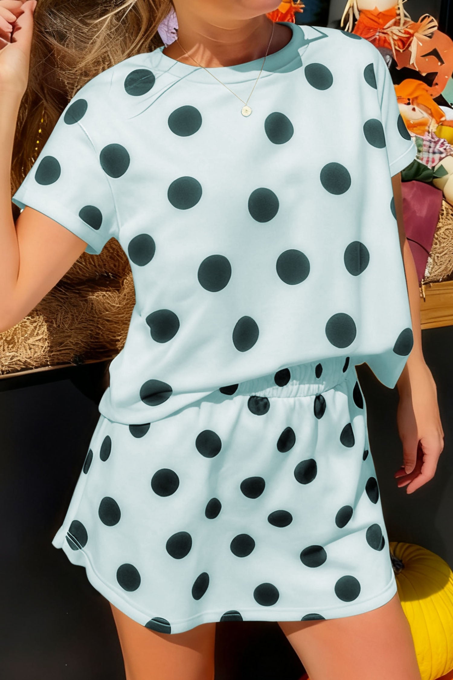 Pink Polka Dot Short Sleeve Top Casual Skort 2pcs Outfit