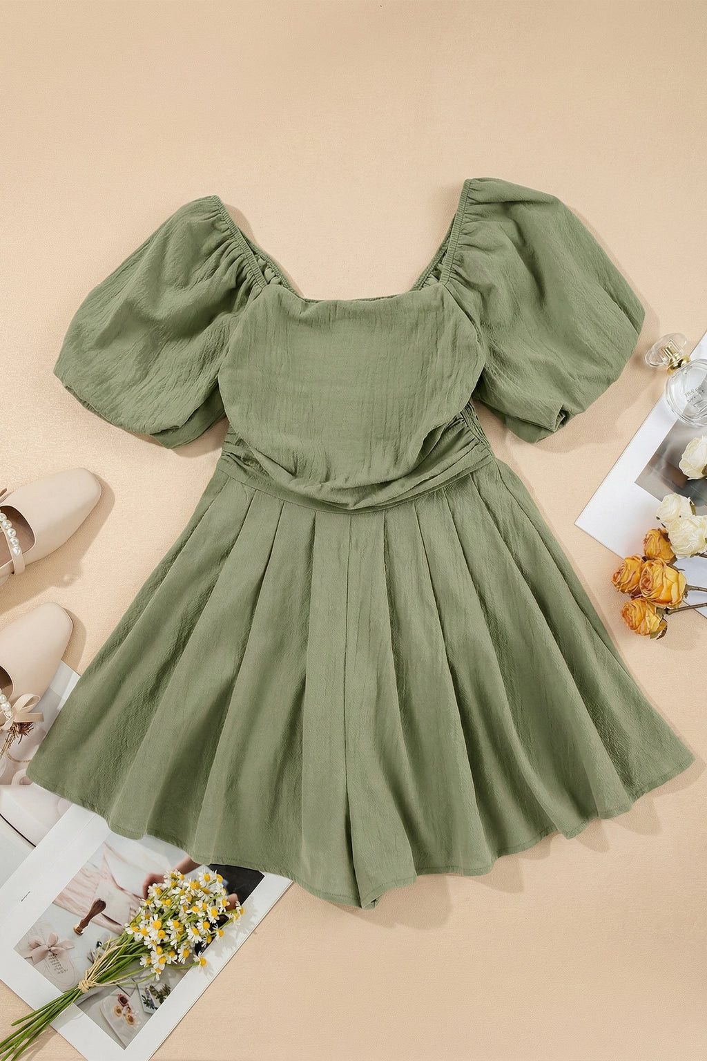 Sky Blue Brown Square Neck Ruched Puff Sleeve Romper