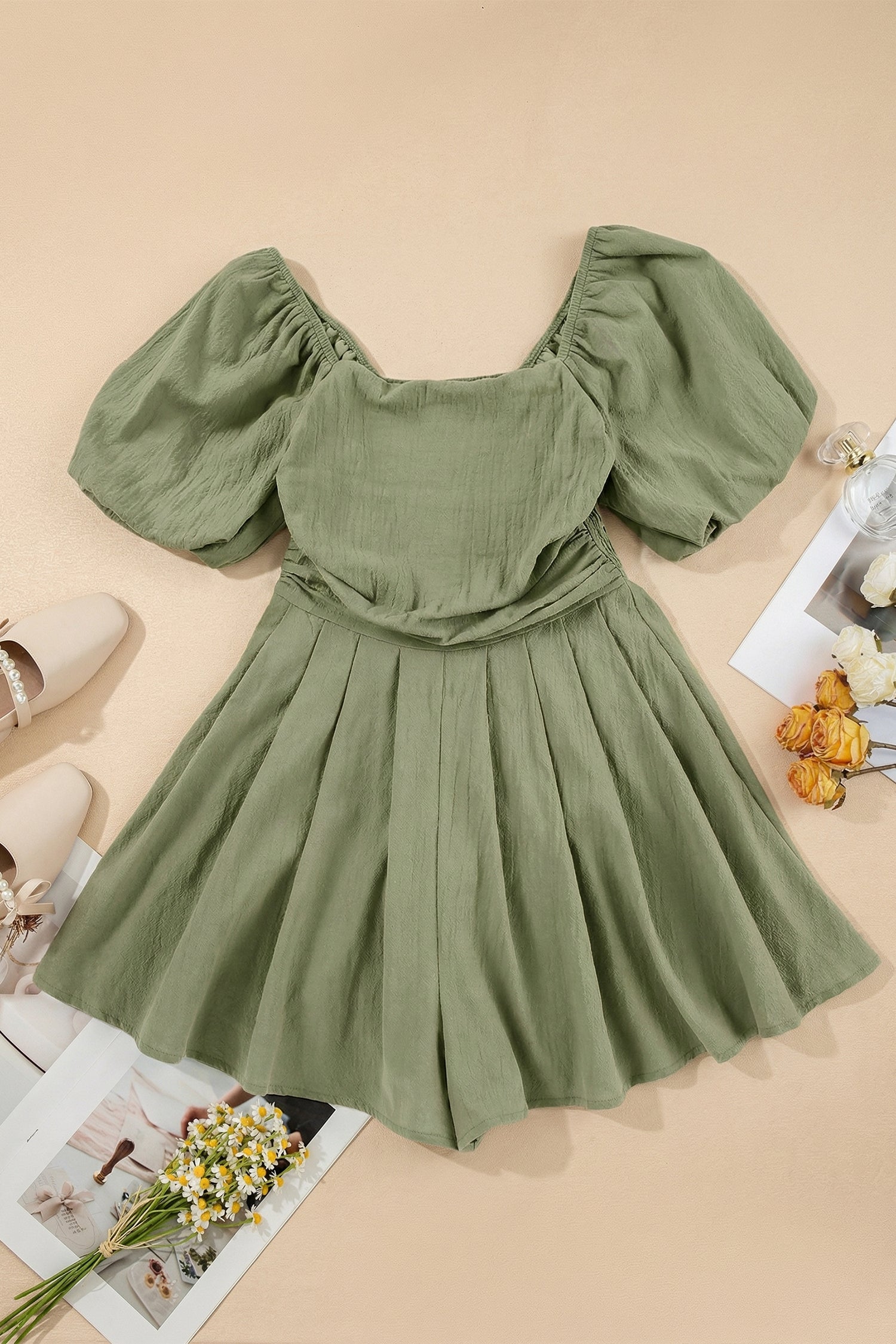Sky Blue Brown Square Neck Ruched Puff Sleeve Romper