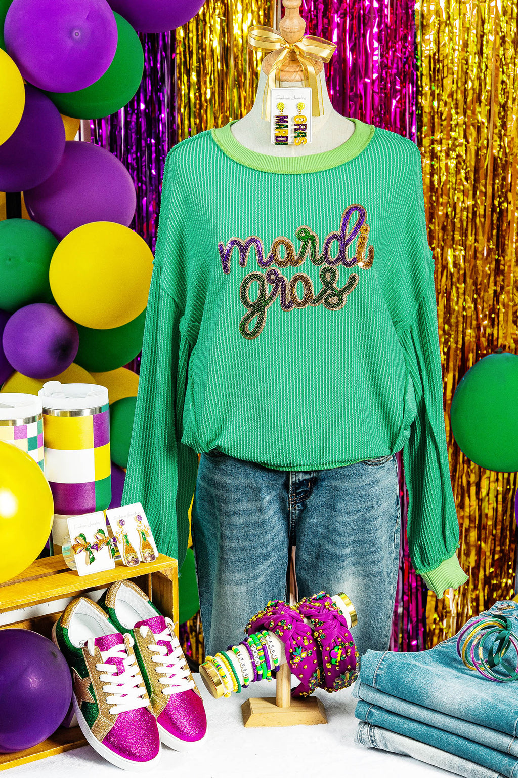 Bright Green Twisted Ribbed mardi gras Sequin Graphic Exposed Seam Patchwork Pullover Top