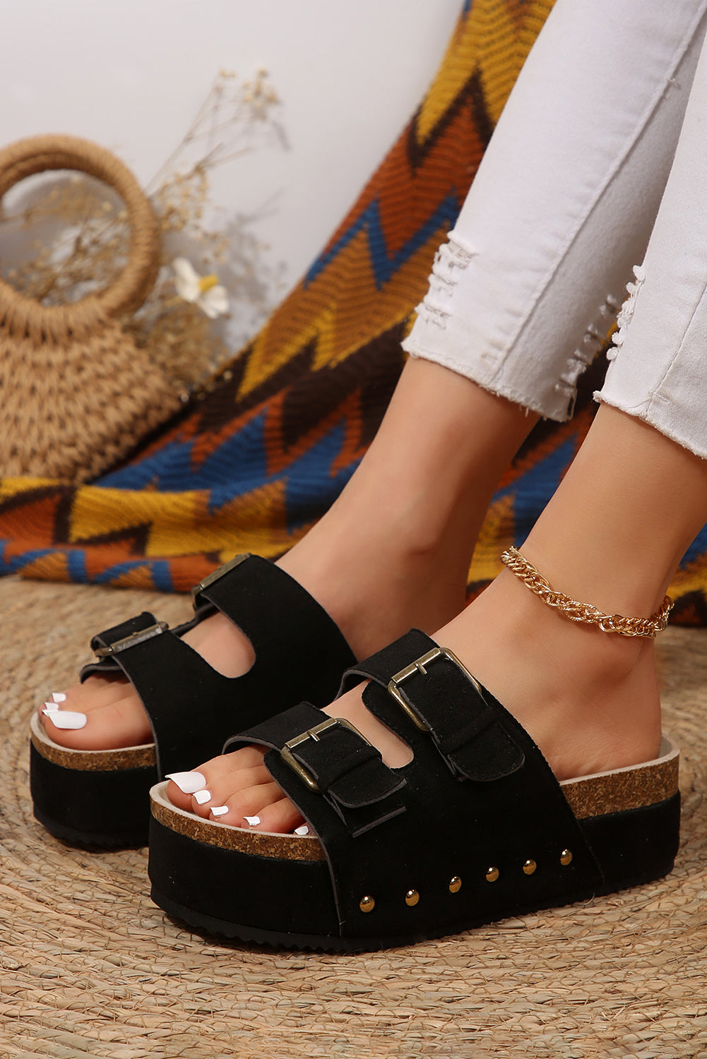 Chestnut Suede Buckle Decor Footbed Sandal Slippers