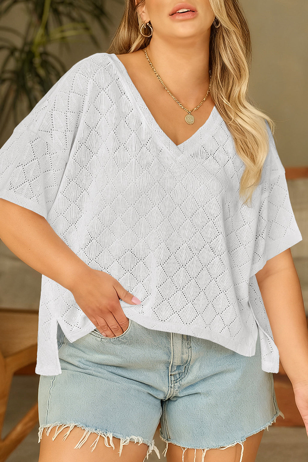 Golden Fleece Pointelle Rhombus Knit Plus Size V Neck Loose Top