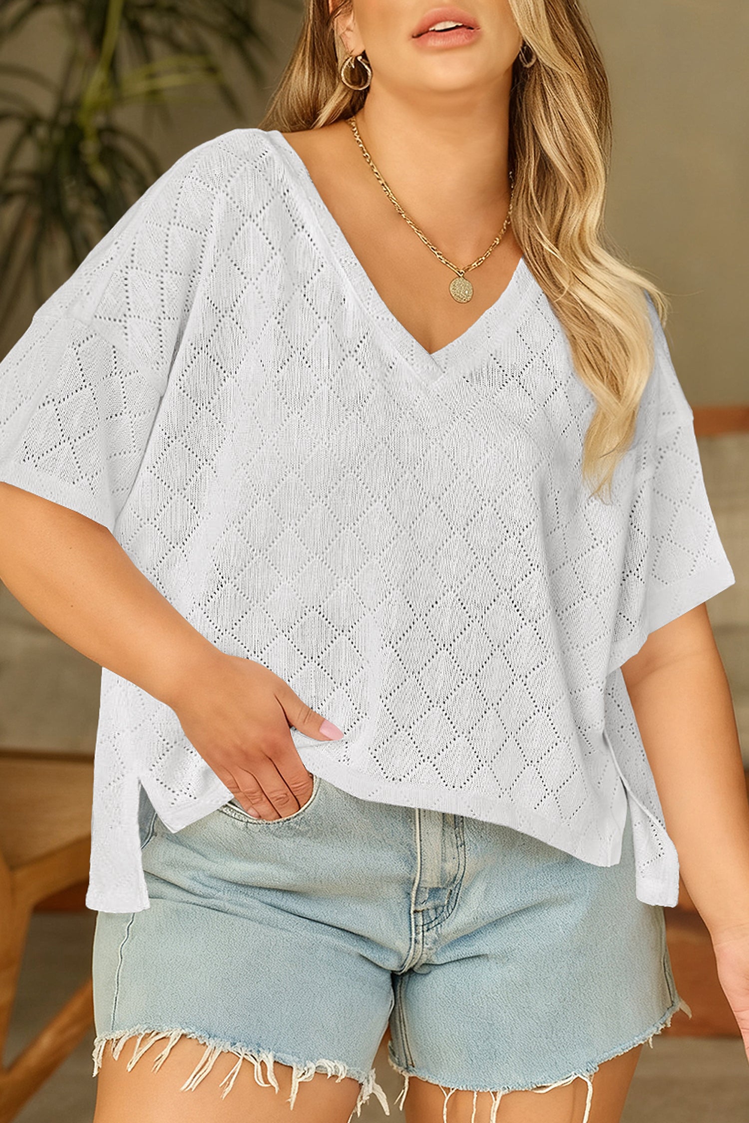 Golden Fleece Pointelle Rhombus Knit Plus Size V Neck Loose Top