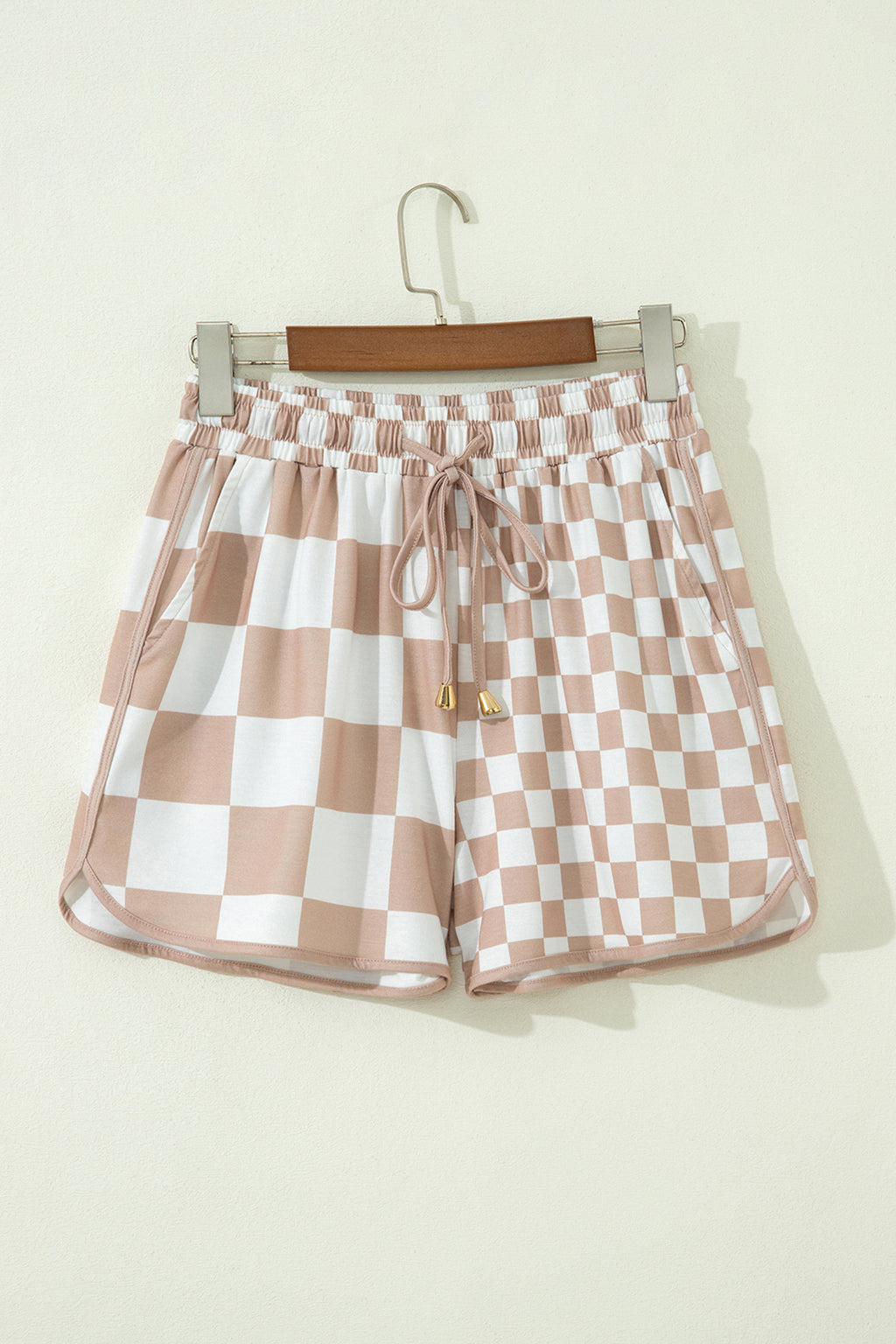 Khaki Double Checkered Print Beaded Drawstring Casual Shorts