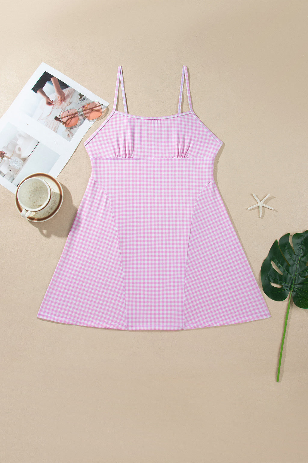 Pink Gingham Plaid Double Layered Cami Mini Dress 3pcs Set
