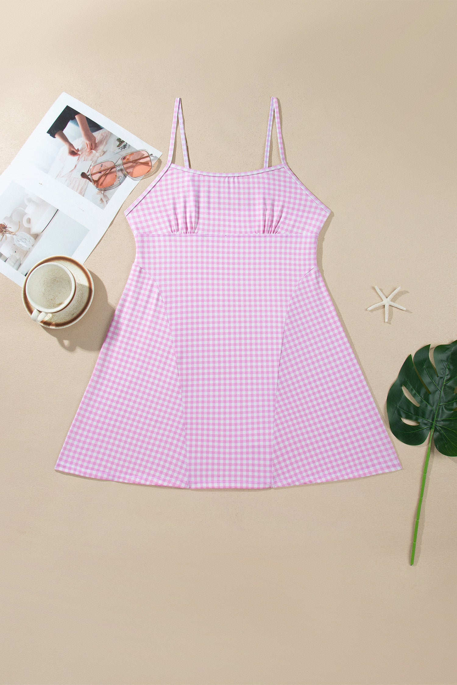 Pink Gingham Plaid Double Layered Cami Mini Dress 3pcs Set