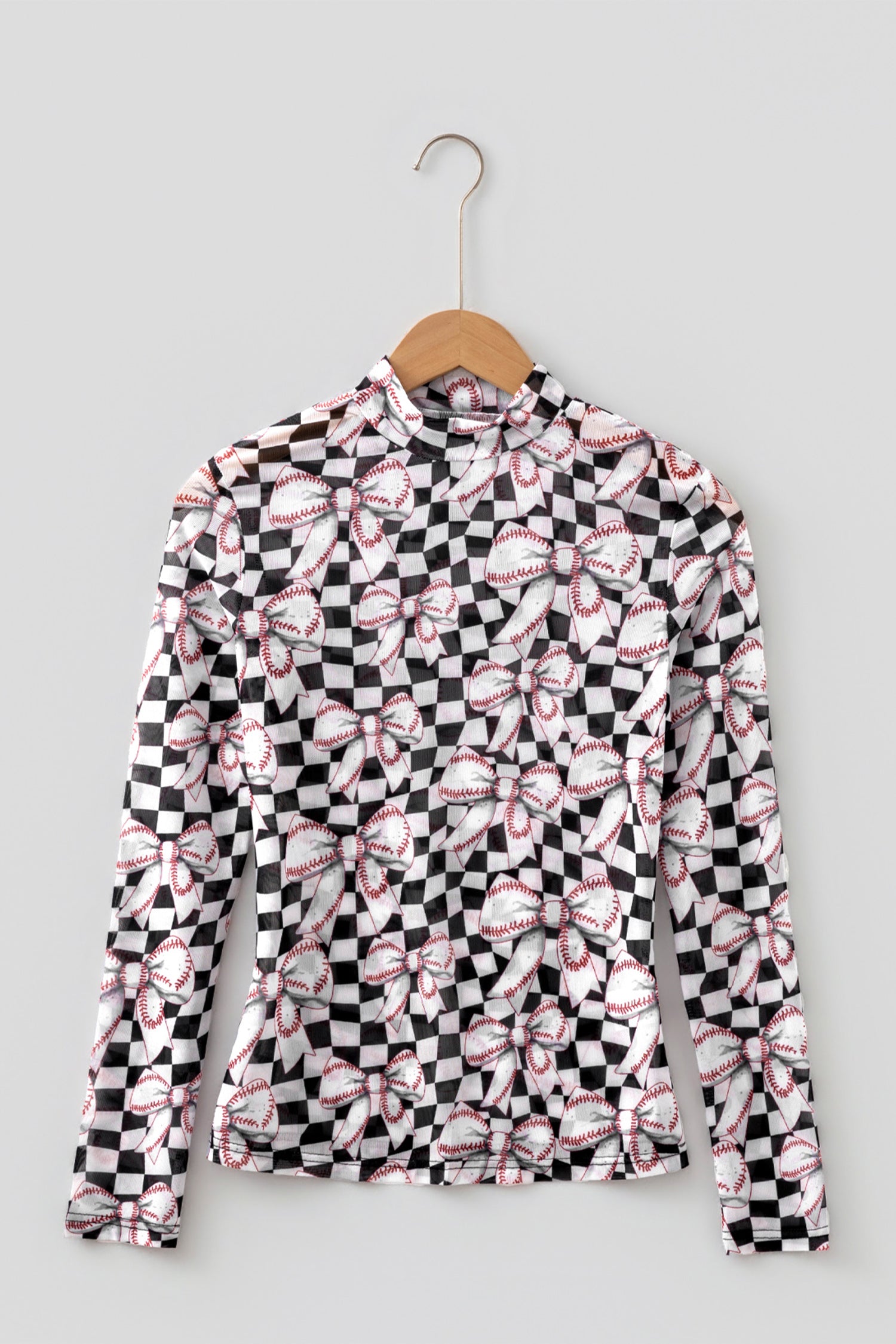 Black Checkered Baseball Bow Print High Neck Long Sleeve Mesh Top