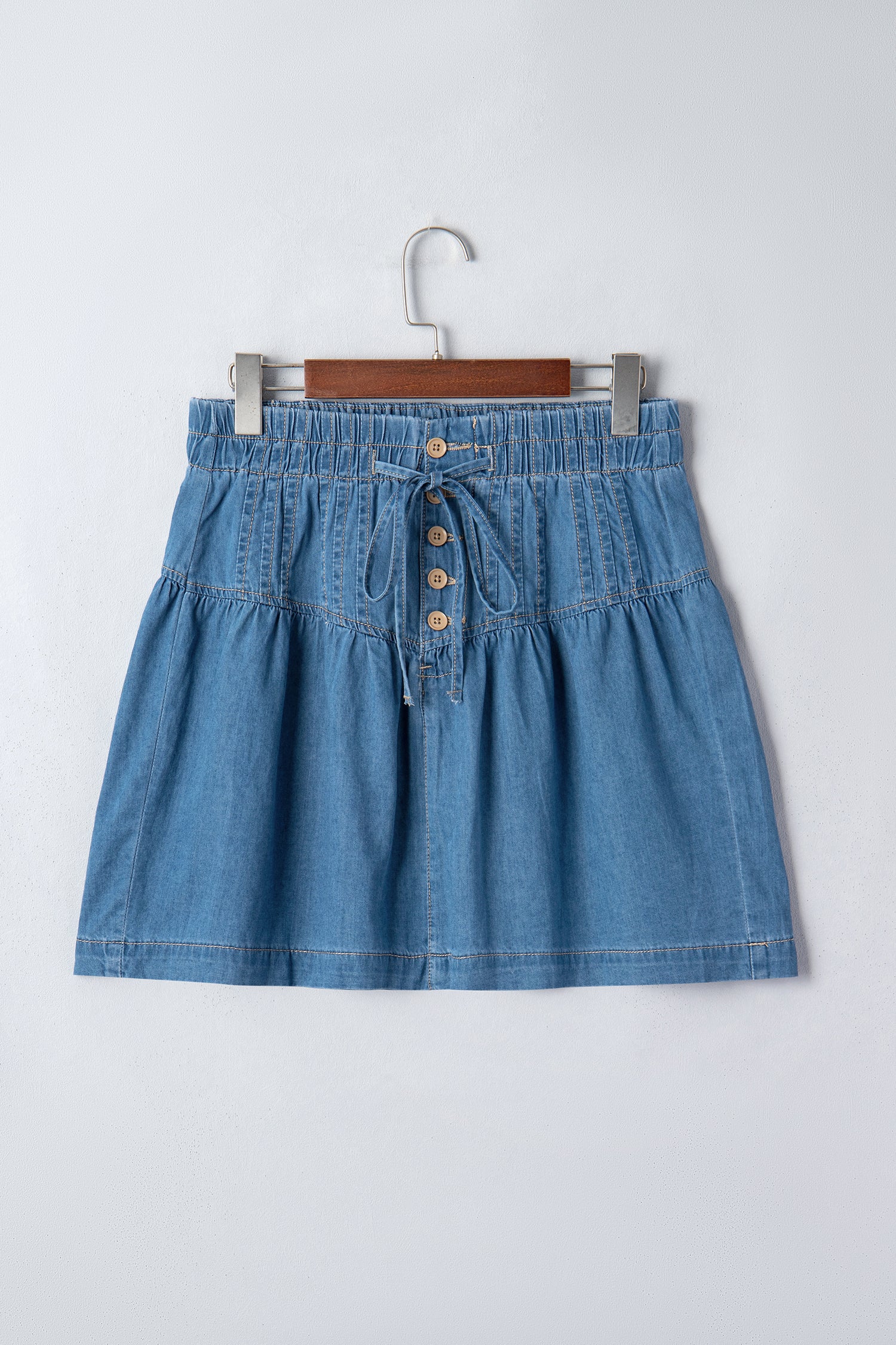 Sky Blue Half Buttons Pleated High Waist Denim Mini Skirt with Drawstring