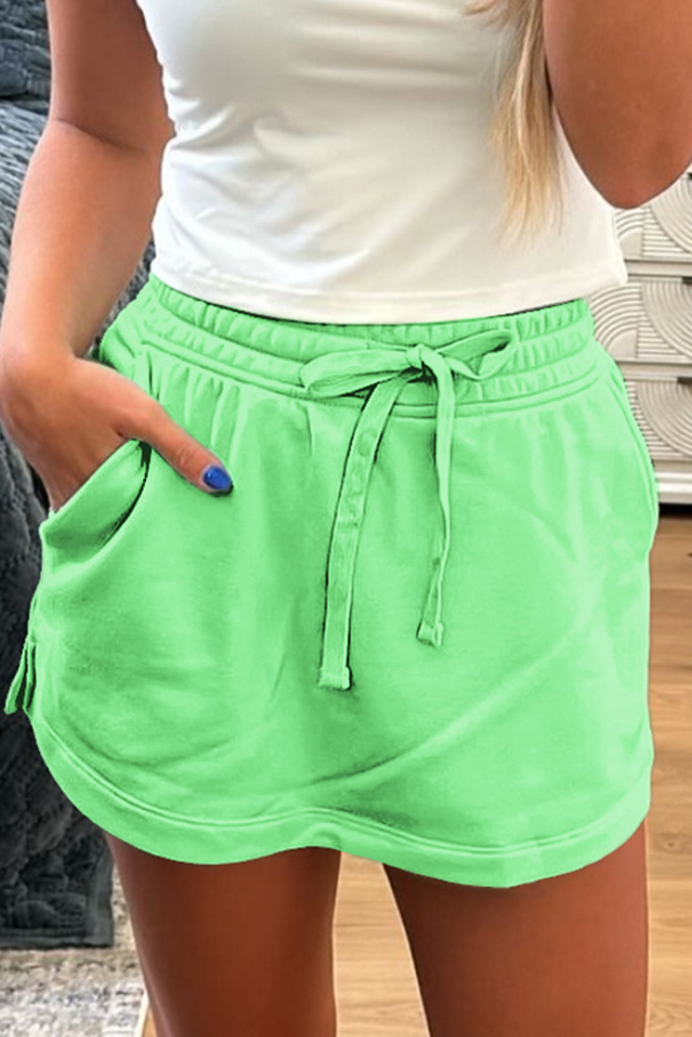 Light Grey French Terry Drawstring Elastic Waistband Mini Skort with Pockets