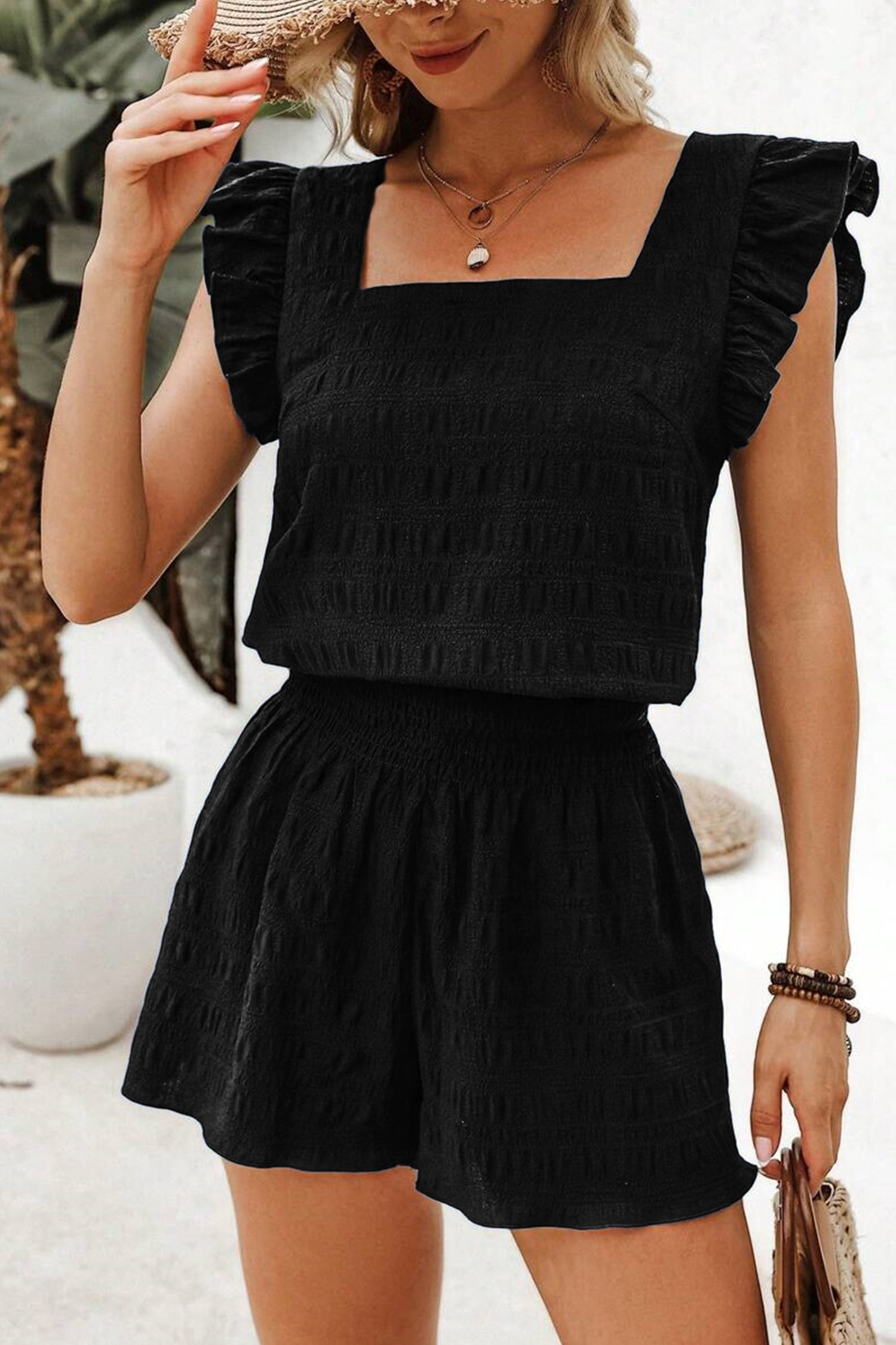 Peach Blossom Textured Square Neck Top and Shirred High Waist Shorts Set