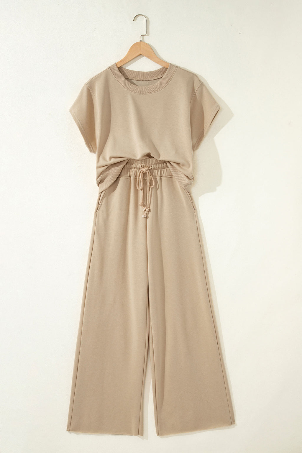 Light Pink Solid Color Loose Tee Drawstring Wide Leg Pants 2pcs Outfit