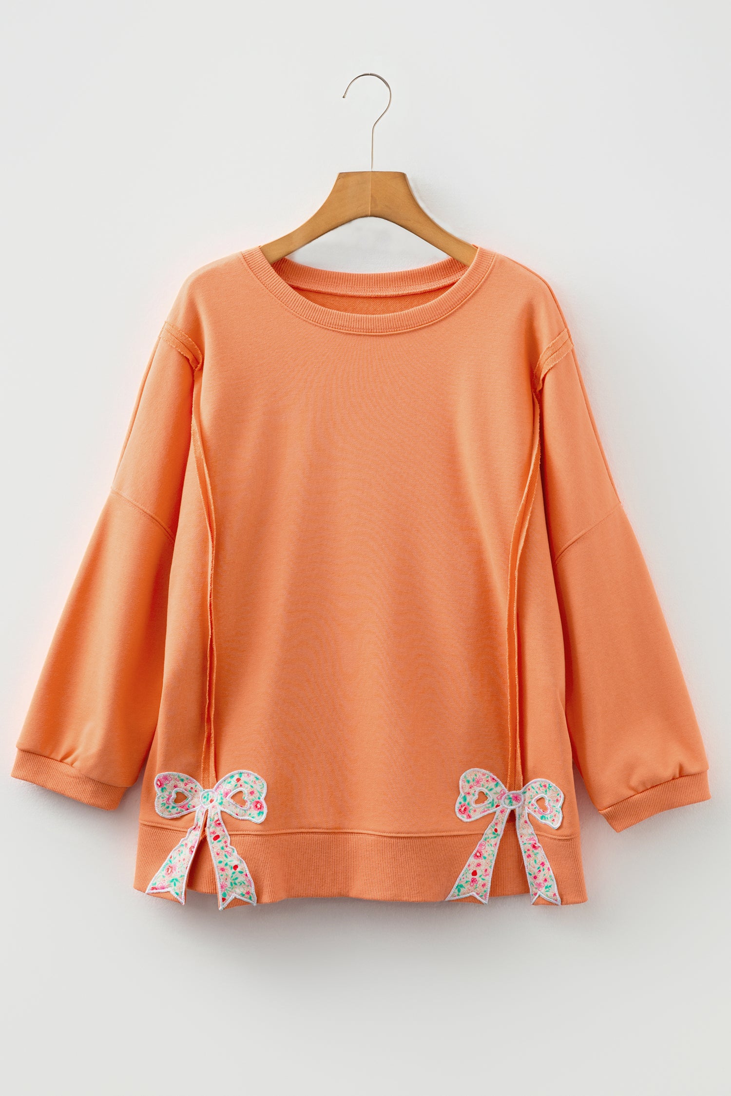 Pink Floral Bow Patched Exposed Seam Patchwork Slit Baggy Sweatshirt