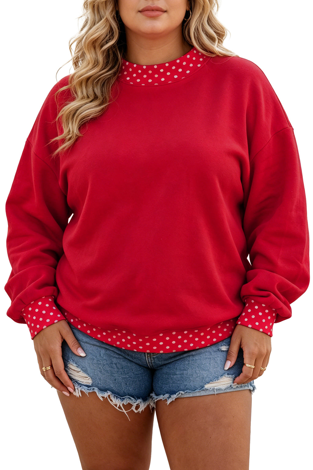 Dark Green Polka Dot Patchwork Round Neck Plus Size Sweatshirt