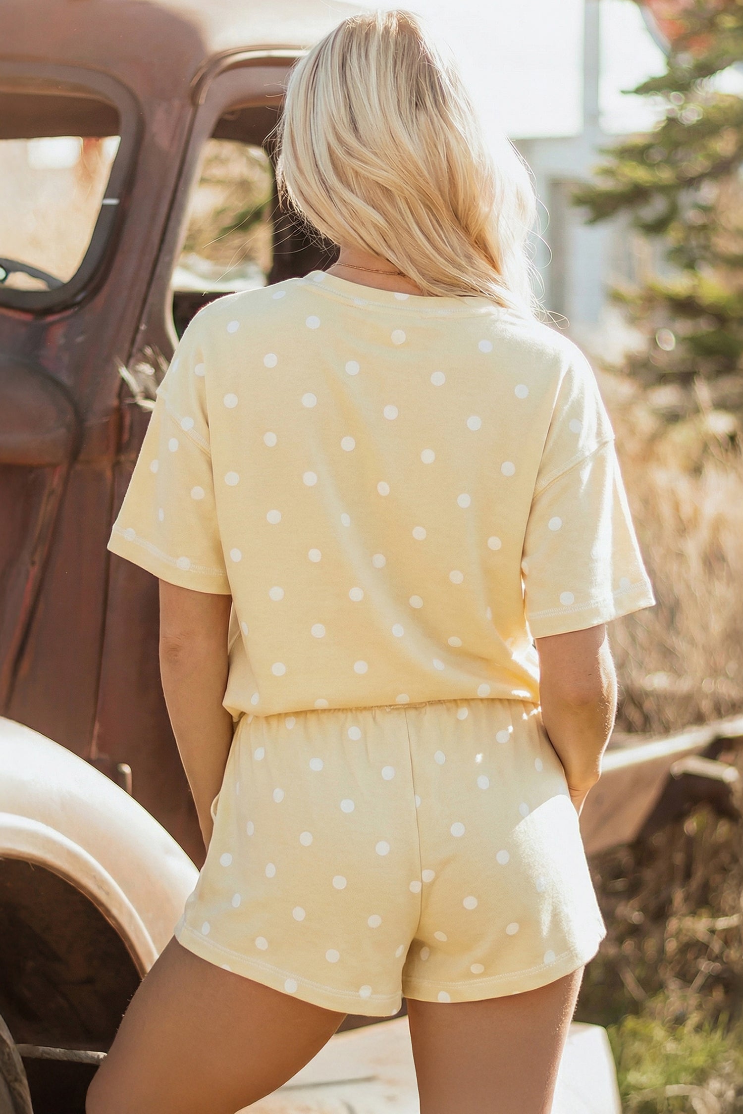 Sky Blue Polka Dot Short Sleeve Loose Top Drawstring Shorts Set