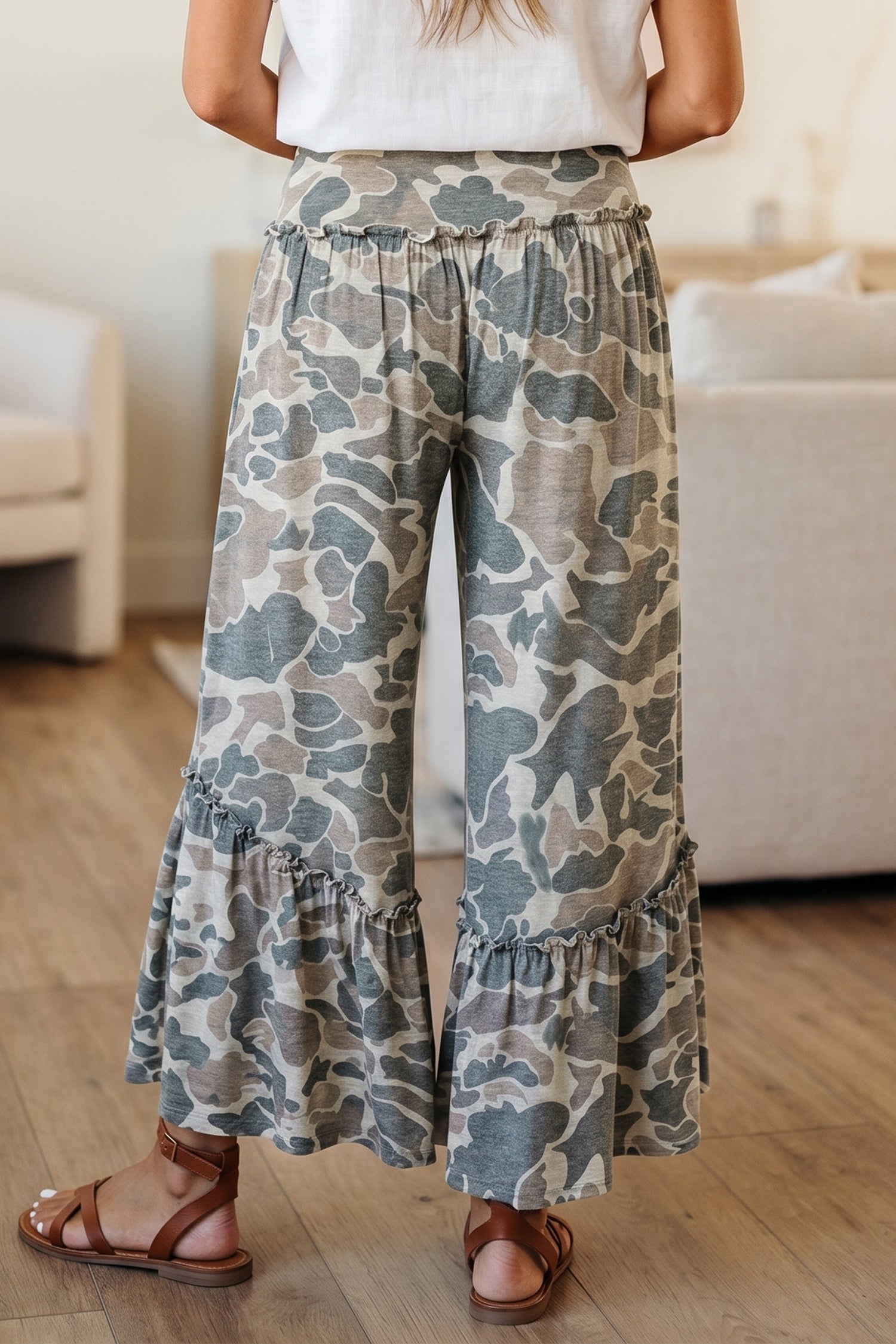 Multicolour Camo Print Wide Leg Casual Pants