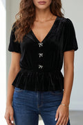 Black V Neck Bow Decoration Peplum Hem Shift Silhouette Short Sleeve Blouse