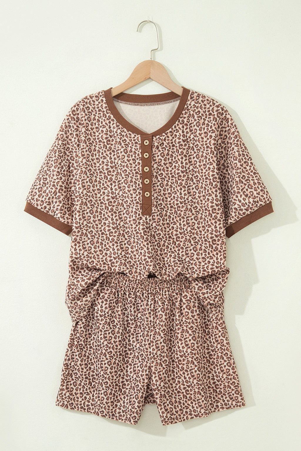 Brown Leopard Print Ribbed Patchwork Half Button Loose Tee Elastic Waist Short 2pcs Set