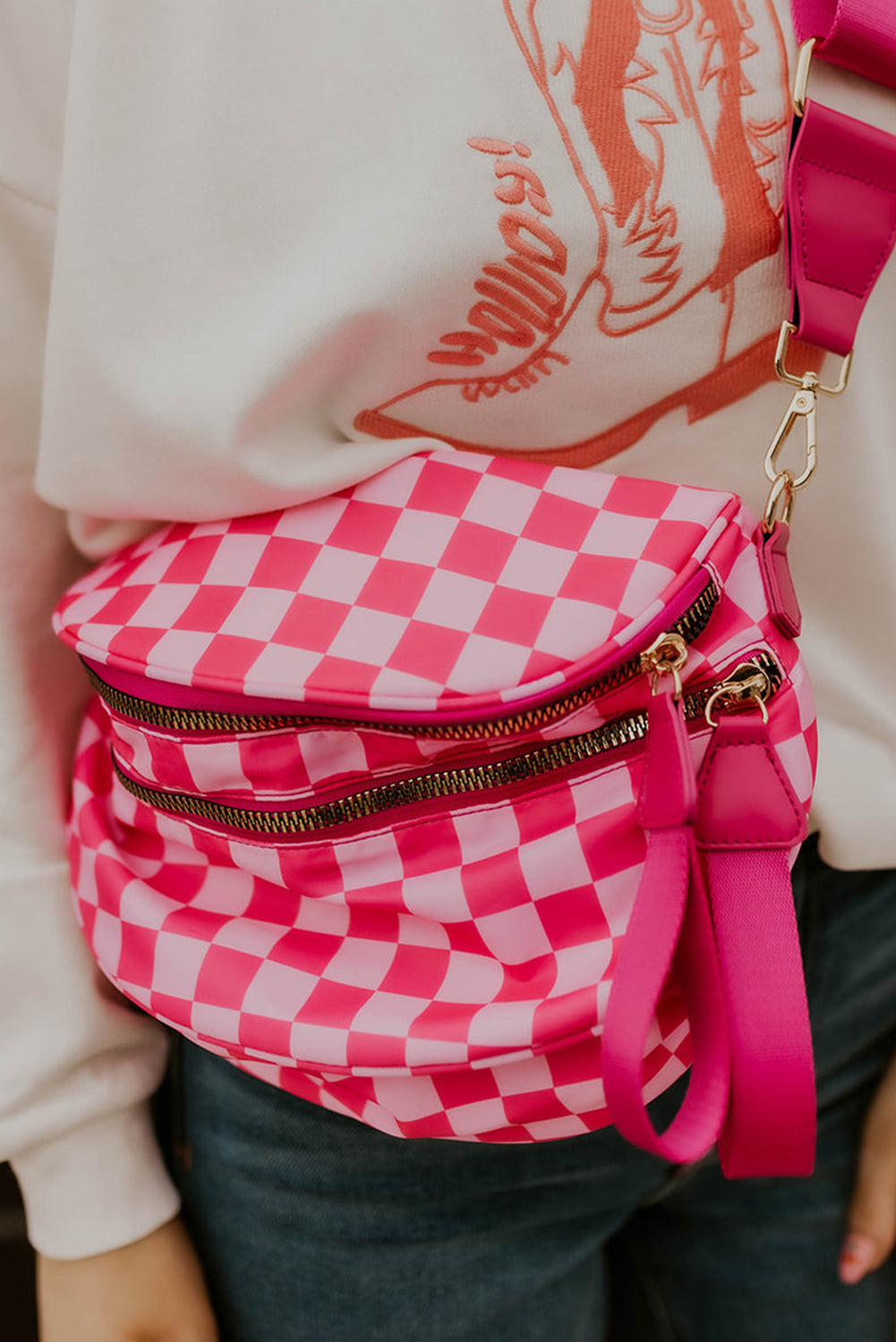 Chestnut Checkered Print Wide Strap Large Crossbody Bag