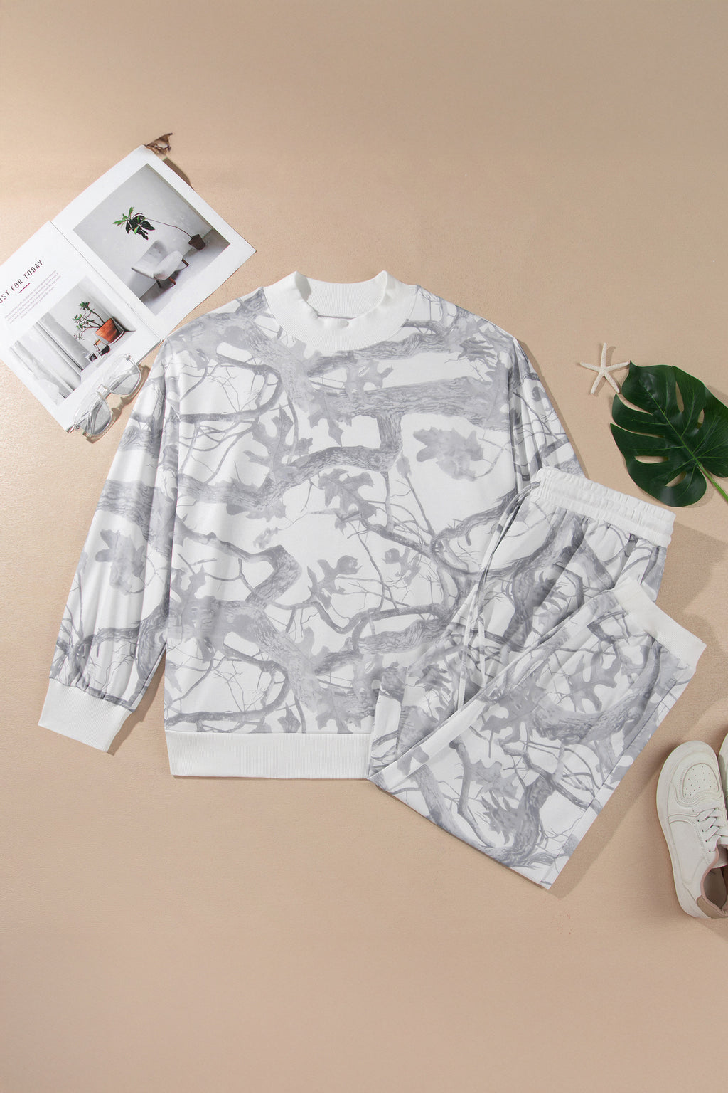 Gray Camouflage Print Stand Neck Long Sleeve Regular Fit Plus Size Set