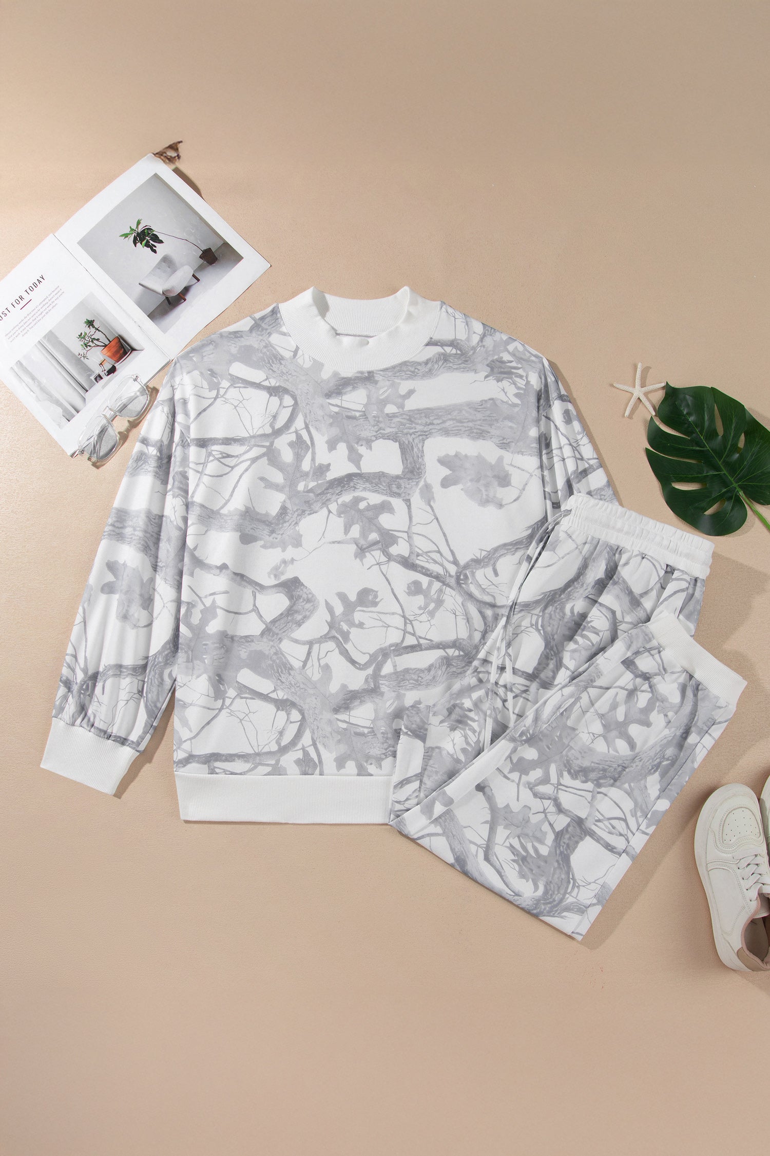 Gray Camouflage Print Stand Neck Long Sleeve Regular Fit Plus Size Set