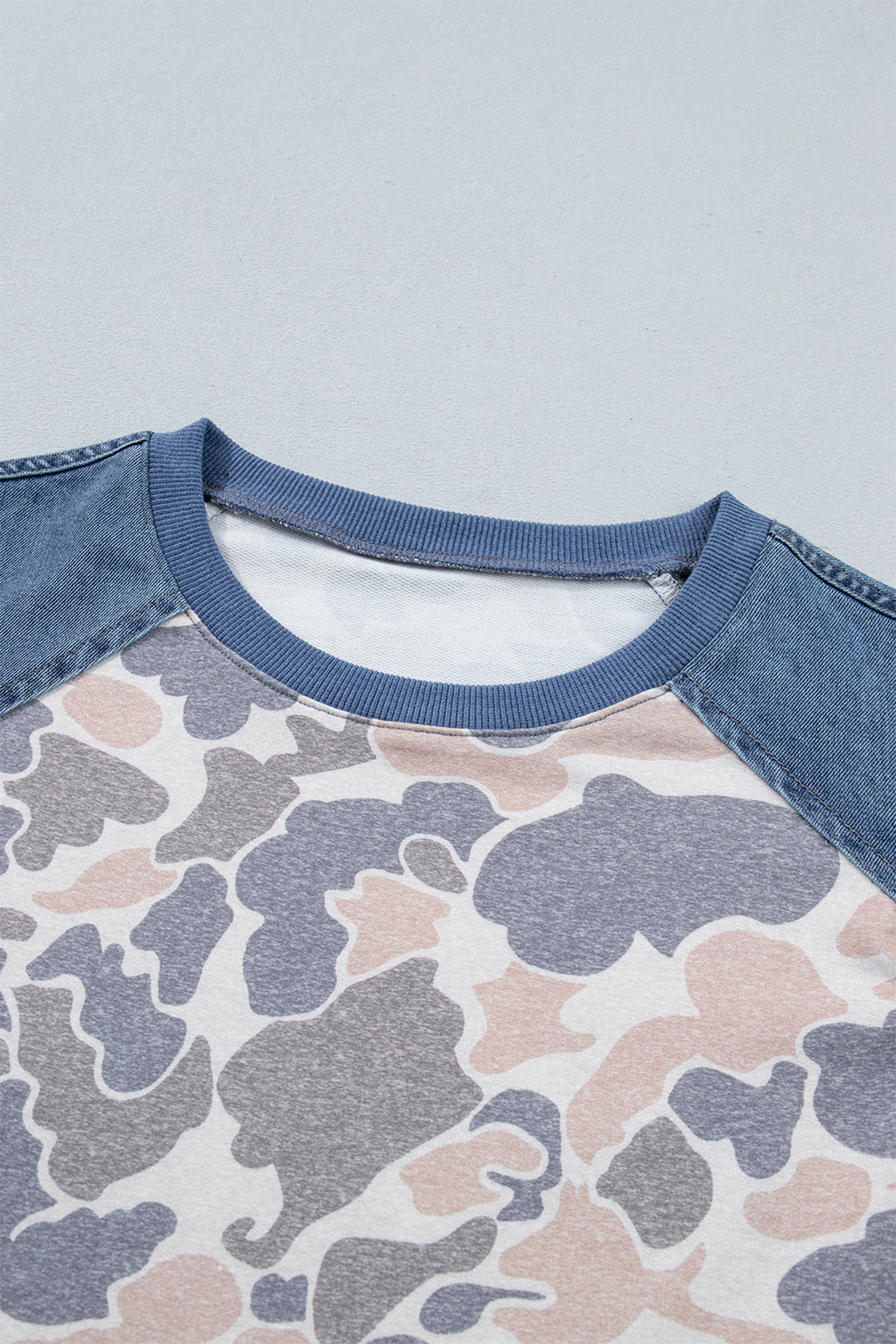 Multicolour Camouflage Print Denim Color Block Sleeve Casual Tee