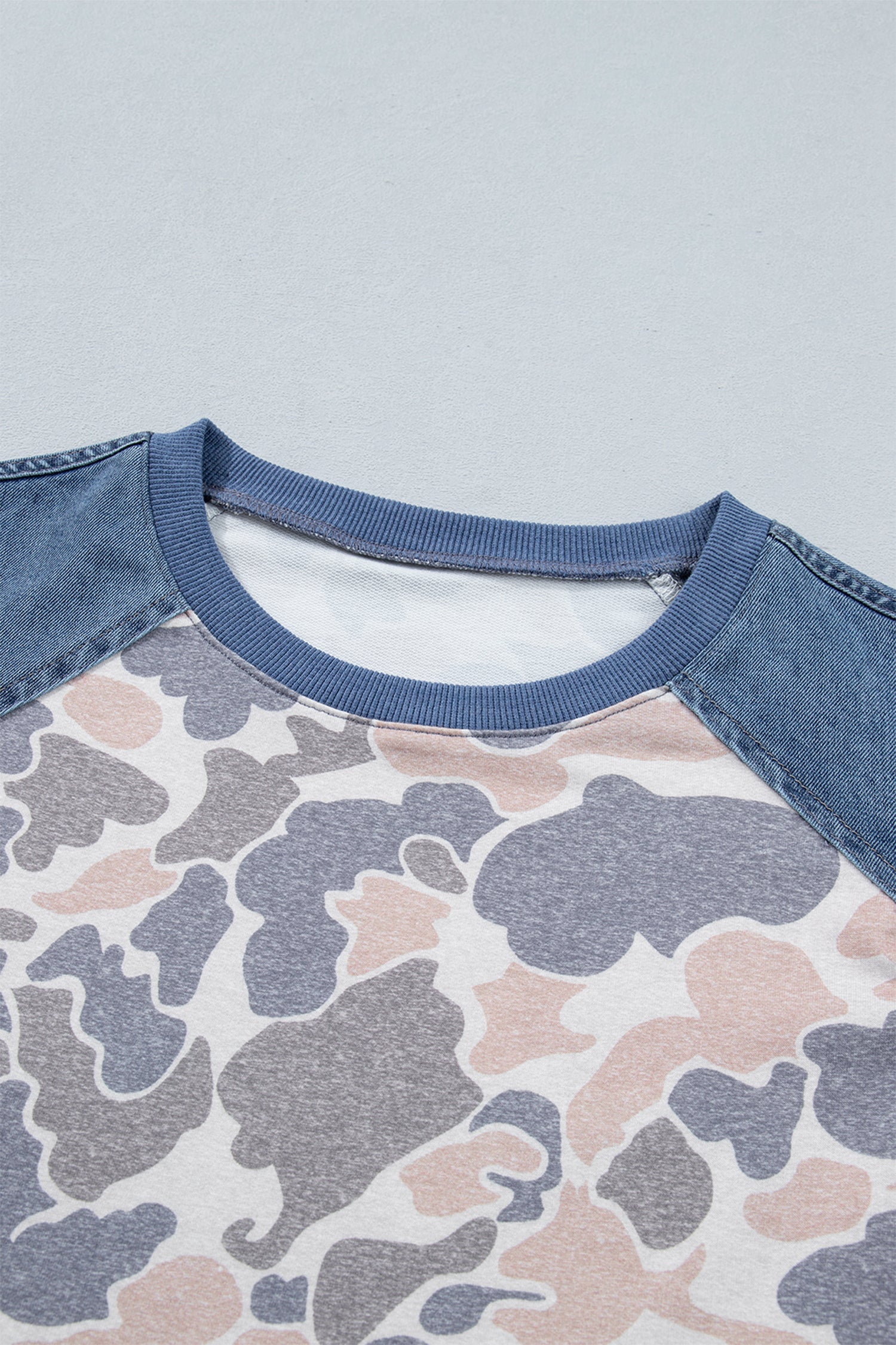 Multicolour Camouflage Print Denim Color Block Sleeve Casual Tee