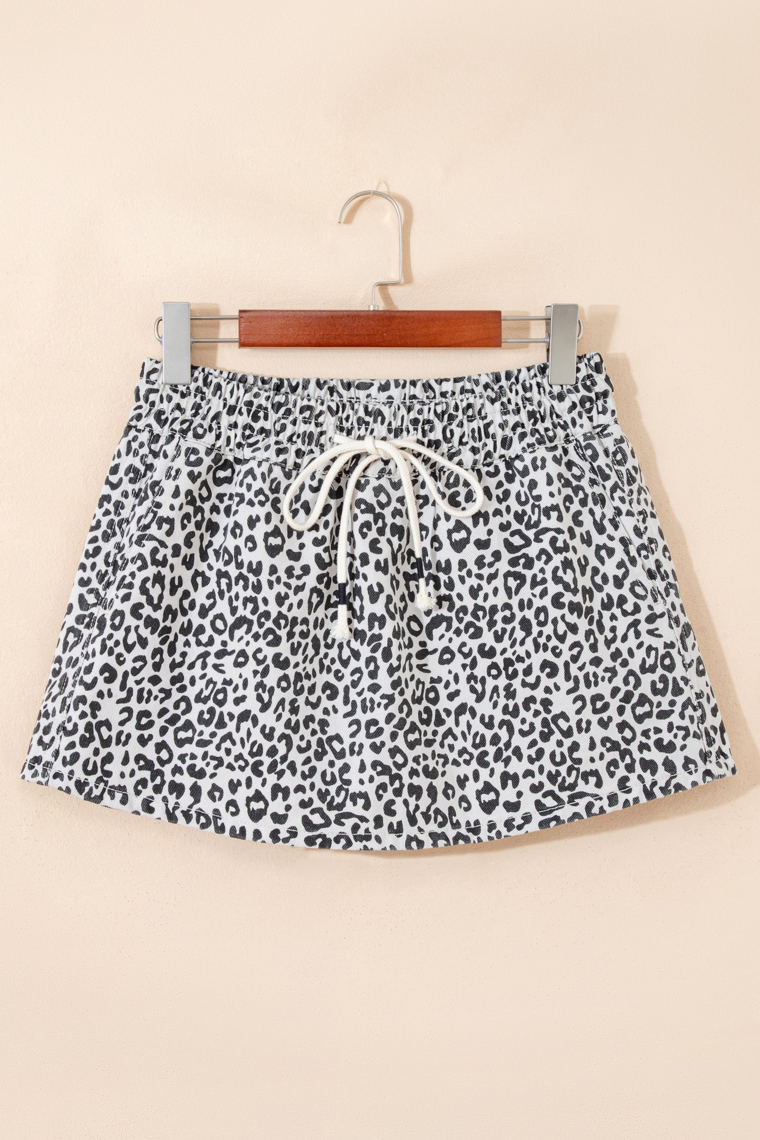 Khaki Leopard Print Tassel Drawstring Casual Denim Skort