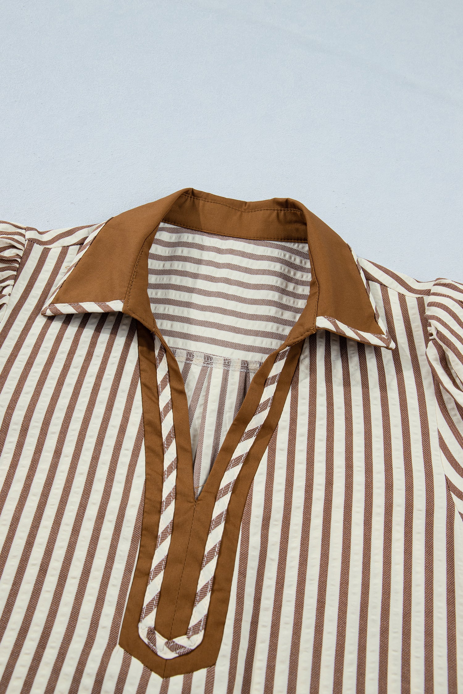 Brown Stripe Shirt Collar Color Block Patchwork Trim Ruffle Hem Short Dress