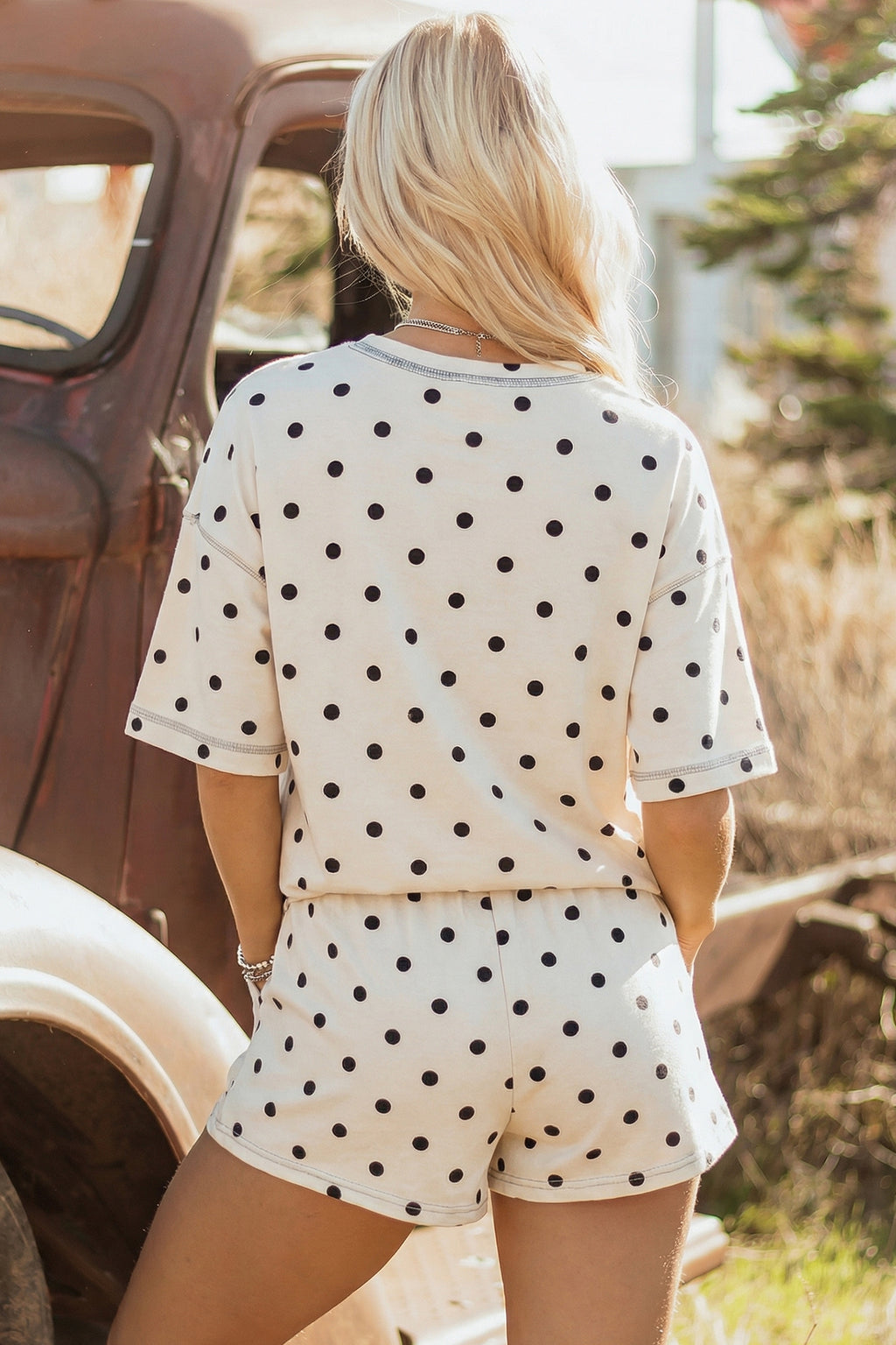 Sky Blue Polka Dot Short Sleeve Loose Top Drawstring Shorts Set