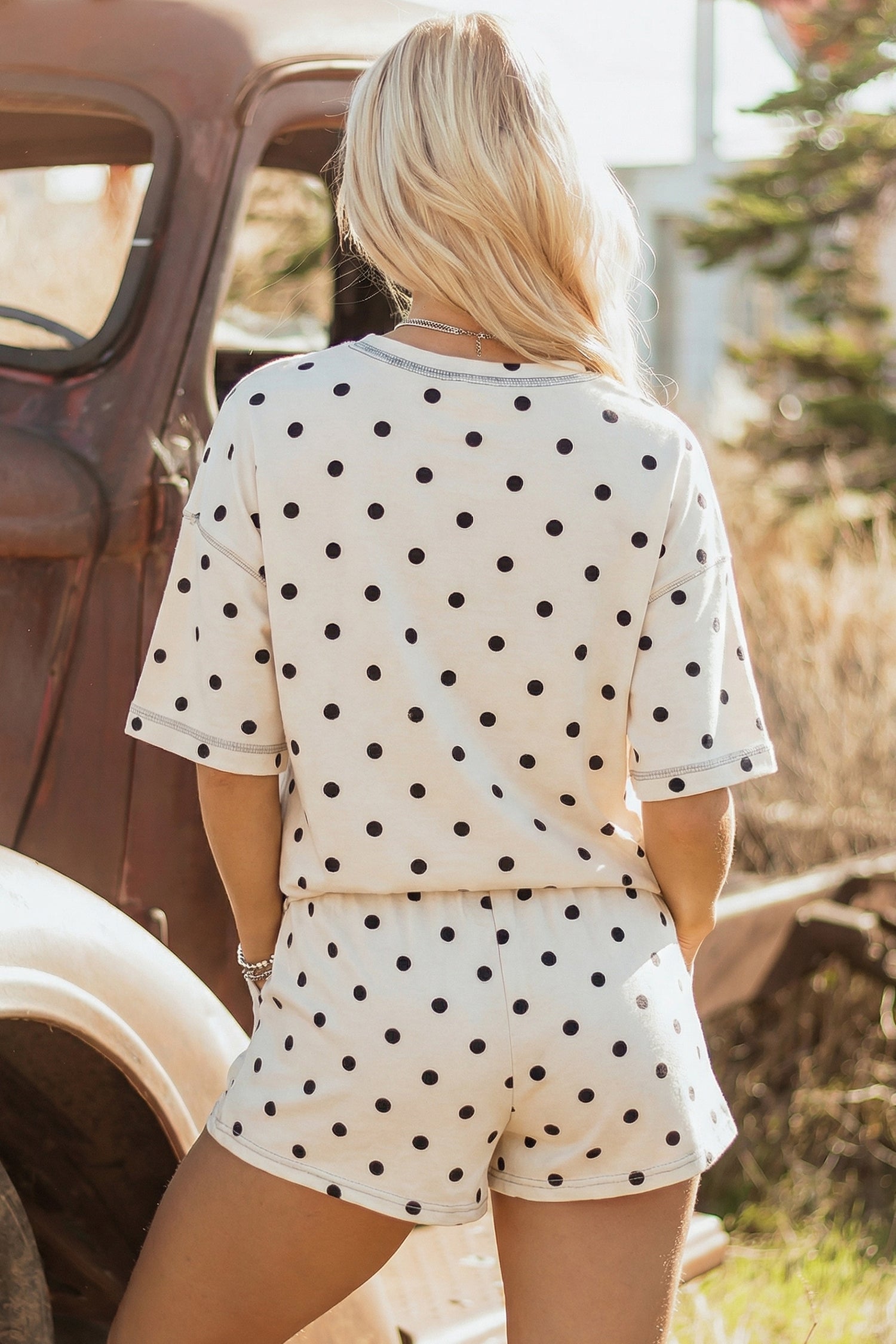 Sky Blue Polka Dot Short Sleeve Loose Top Drawstring Shorts Set