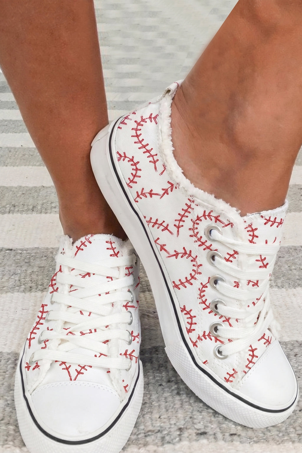 White Baseball Seam Printed Frayed Canvas Shoes