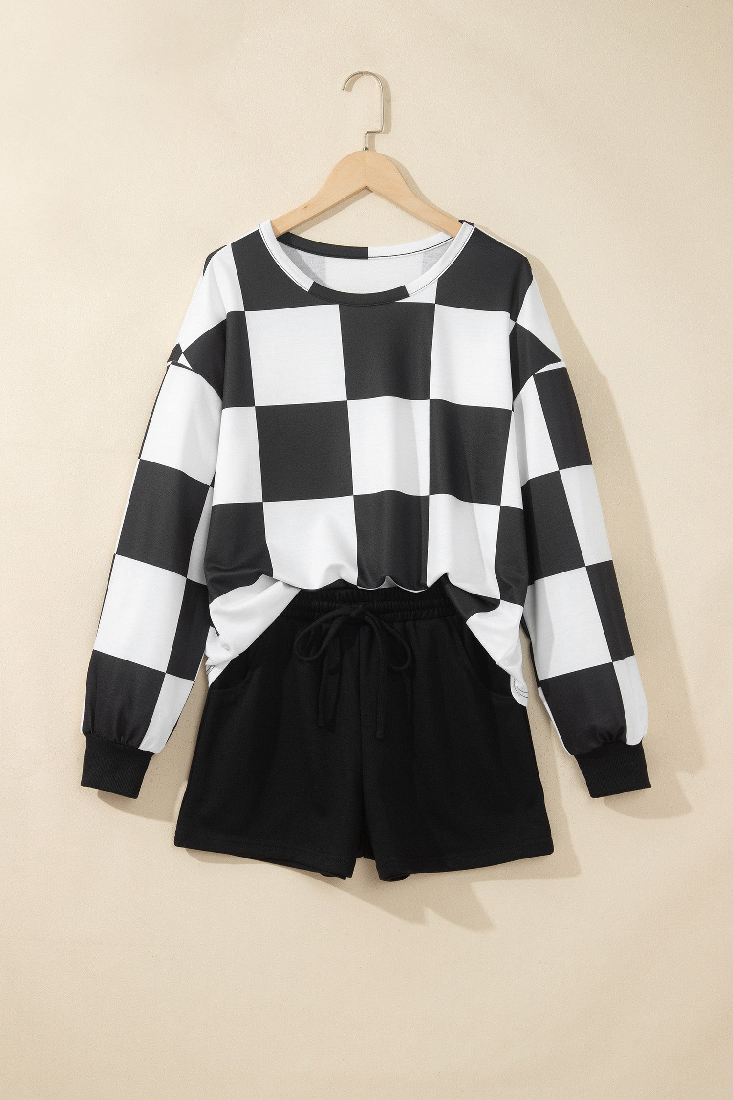 Khaki Checkerboard Plaid Long Sleeve Solid Color Shorts 2pcs Set
