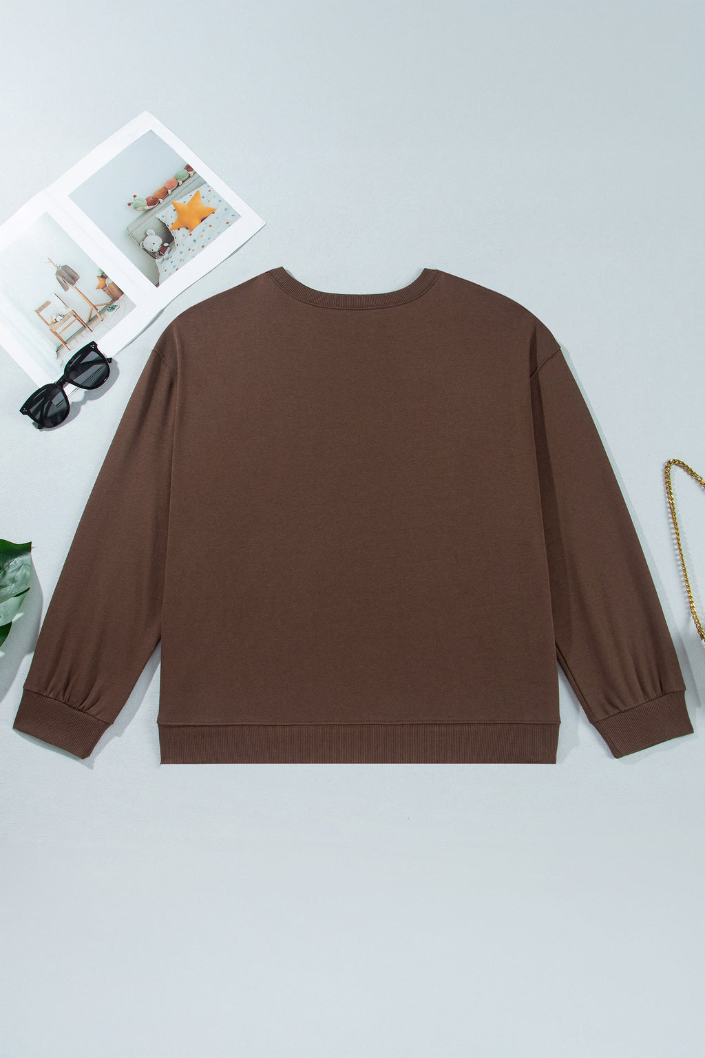Coffee PRAY Letter Patchwork Round Neck Long Sleeve Plus Size Sweatshirt