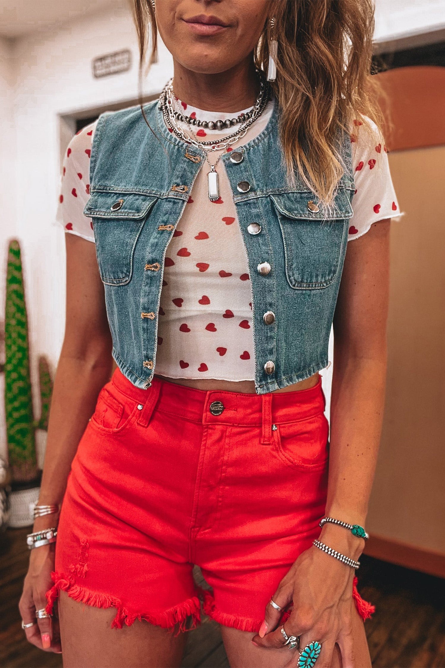 Pink Allover Heart Print Mesh Short Sleeve Top