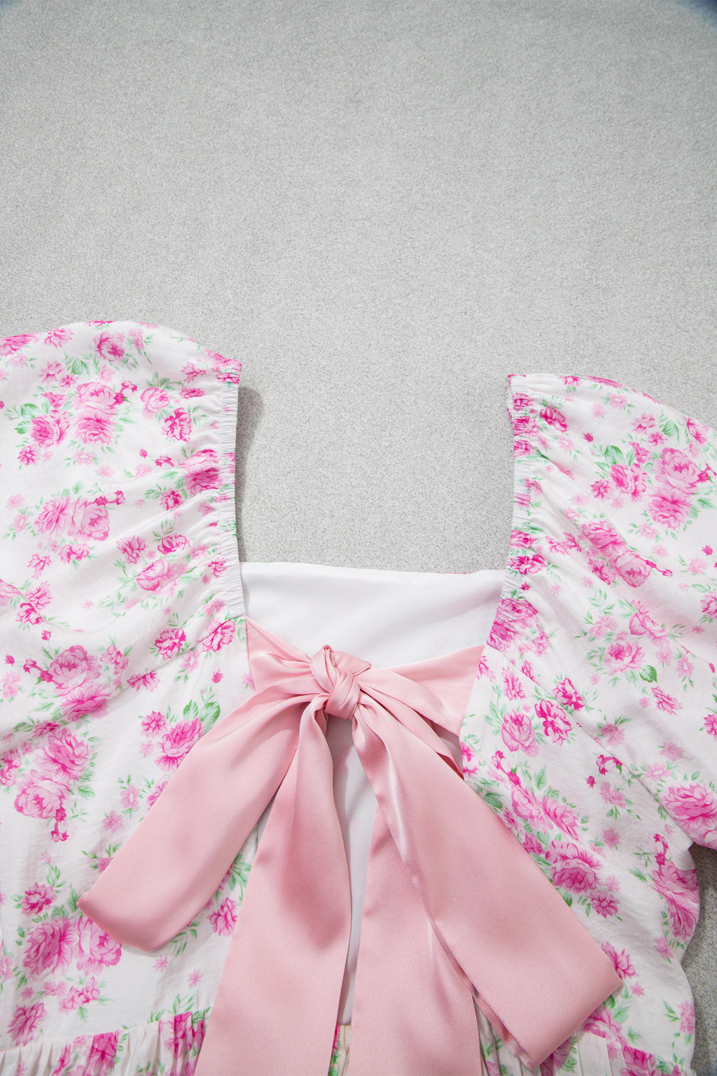 Pink Floral Print Square Neck Ribbon Knot Back Cute Mini Dress