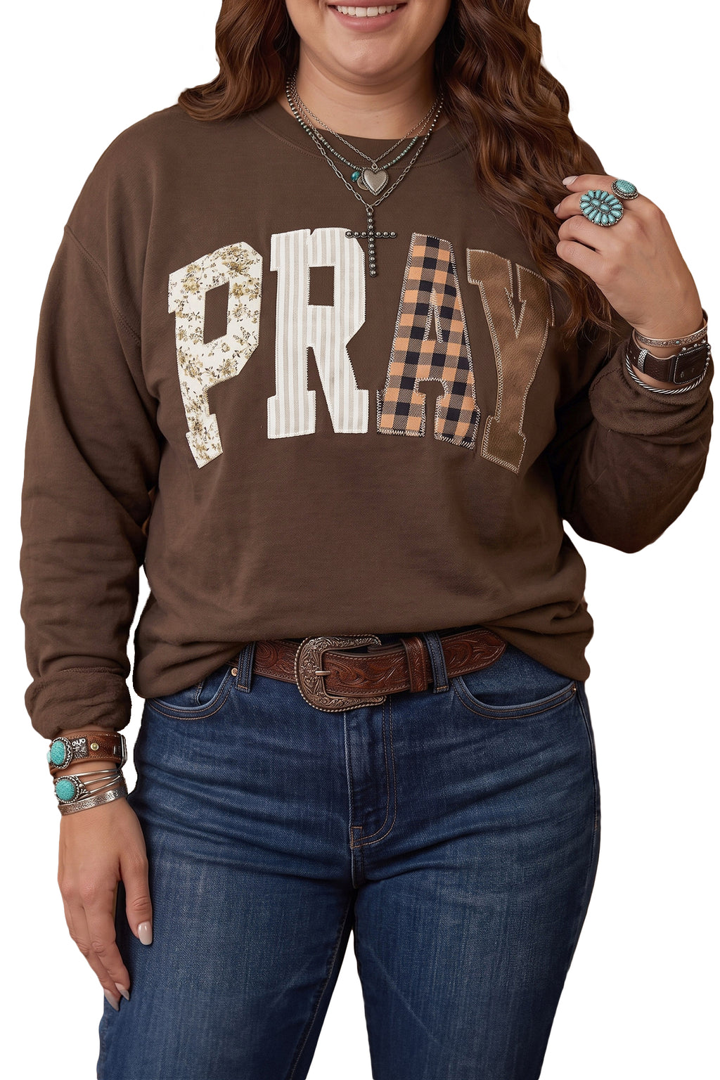 Coffee PRAY Letter Patchwork Round Neck Long Sleeve Plus Size Sweatshirt
