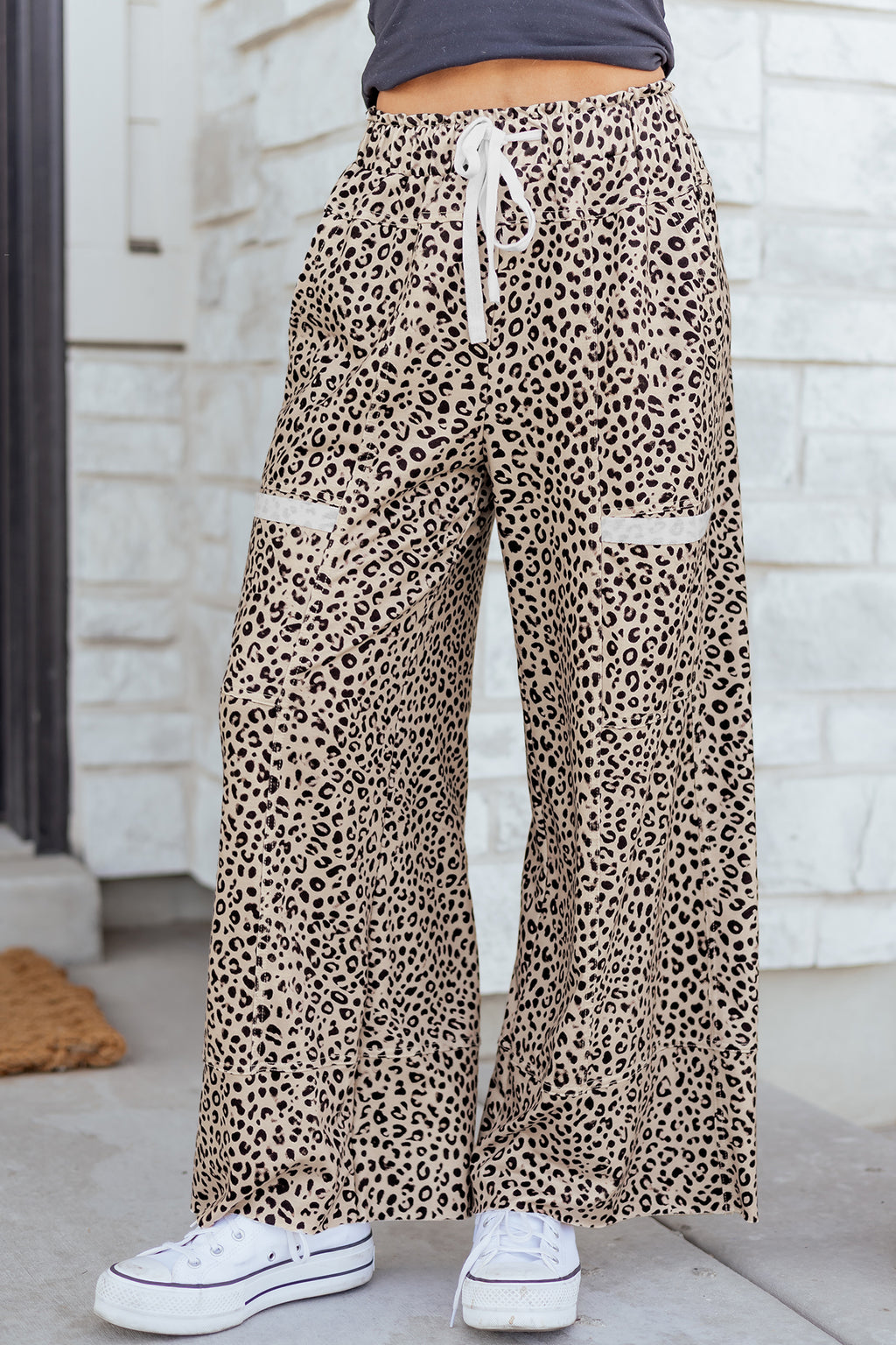 Gray Animal Print Wide Leg Terry Knit Pants