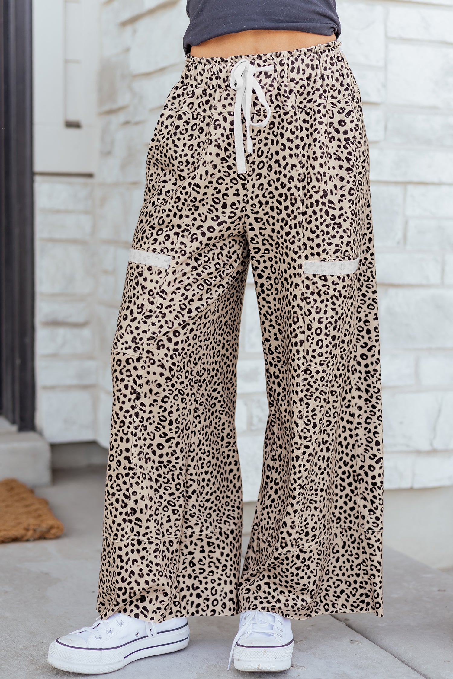 Gray Animal Print Wide Leg Terry Knit Pants